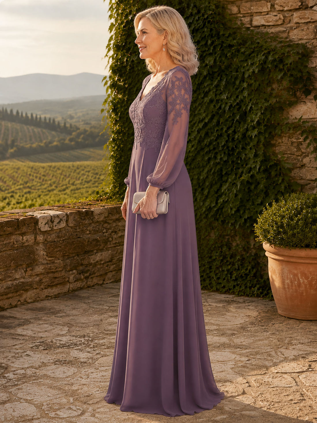 V‑neck Mother of The Bride Dress with Long Illusion Puff Sleeves