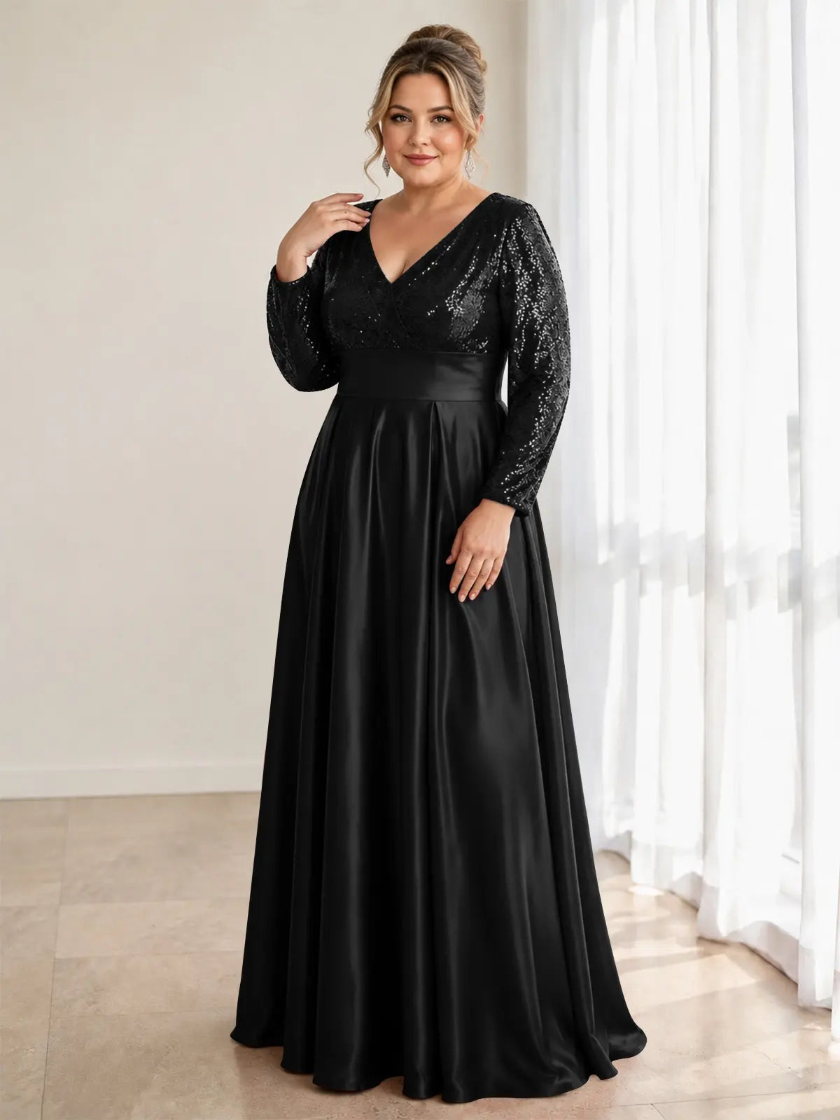 Sequined Sleeves Corset A-Line Dress-Plus Size 