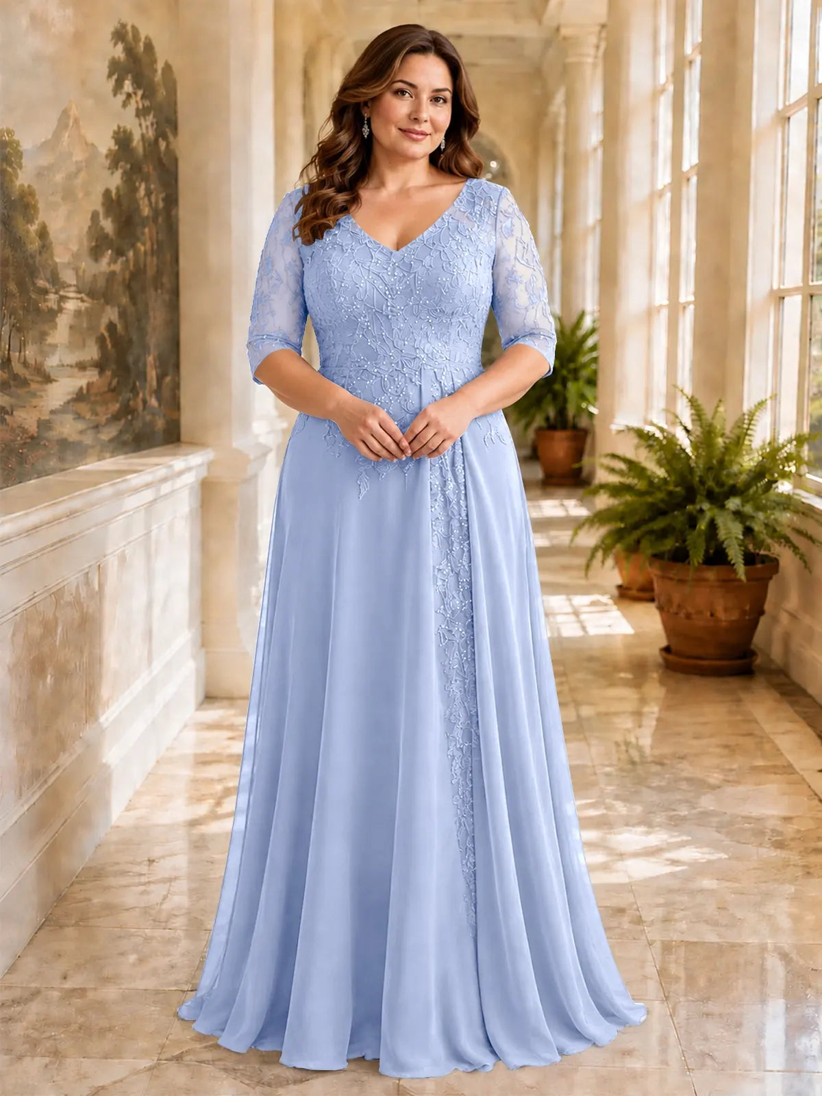Applique V-Neck Chiffon Dress-Plus Size 