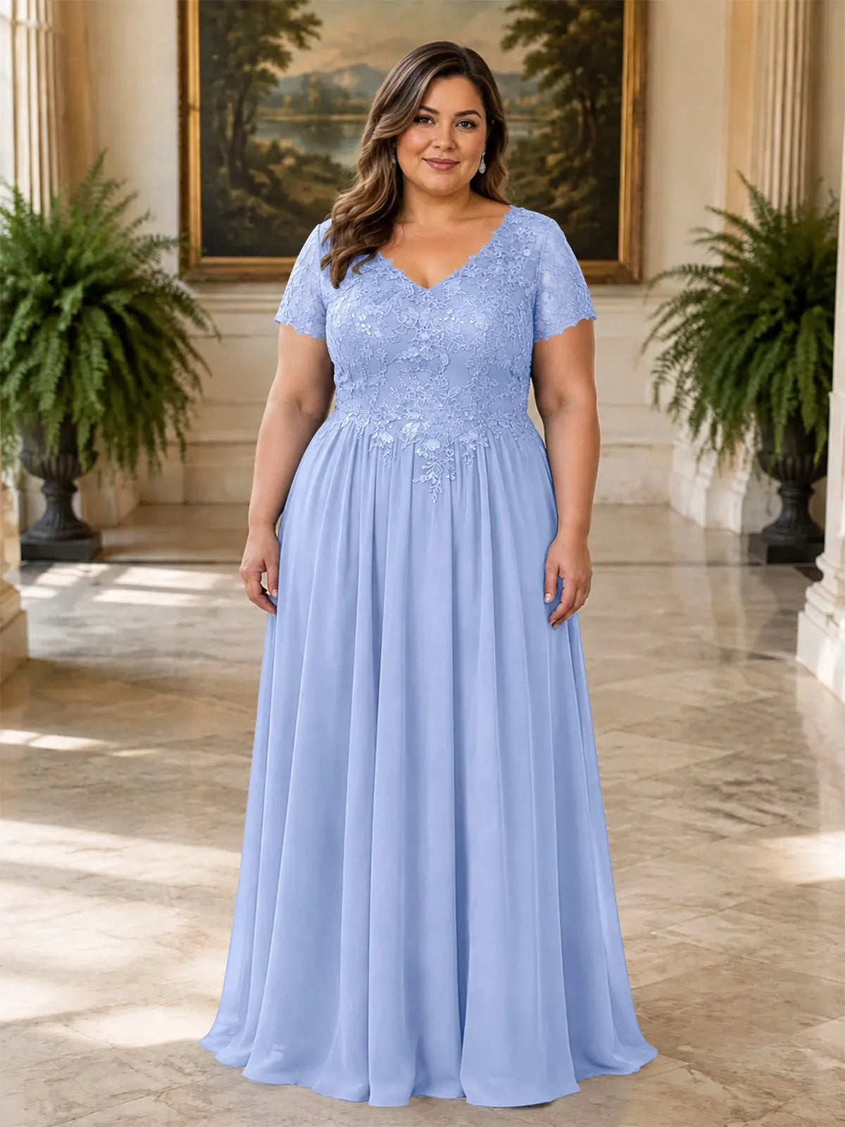 Short Sleeves Chiffon Dress-Plus Size 