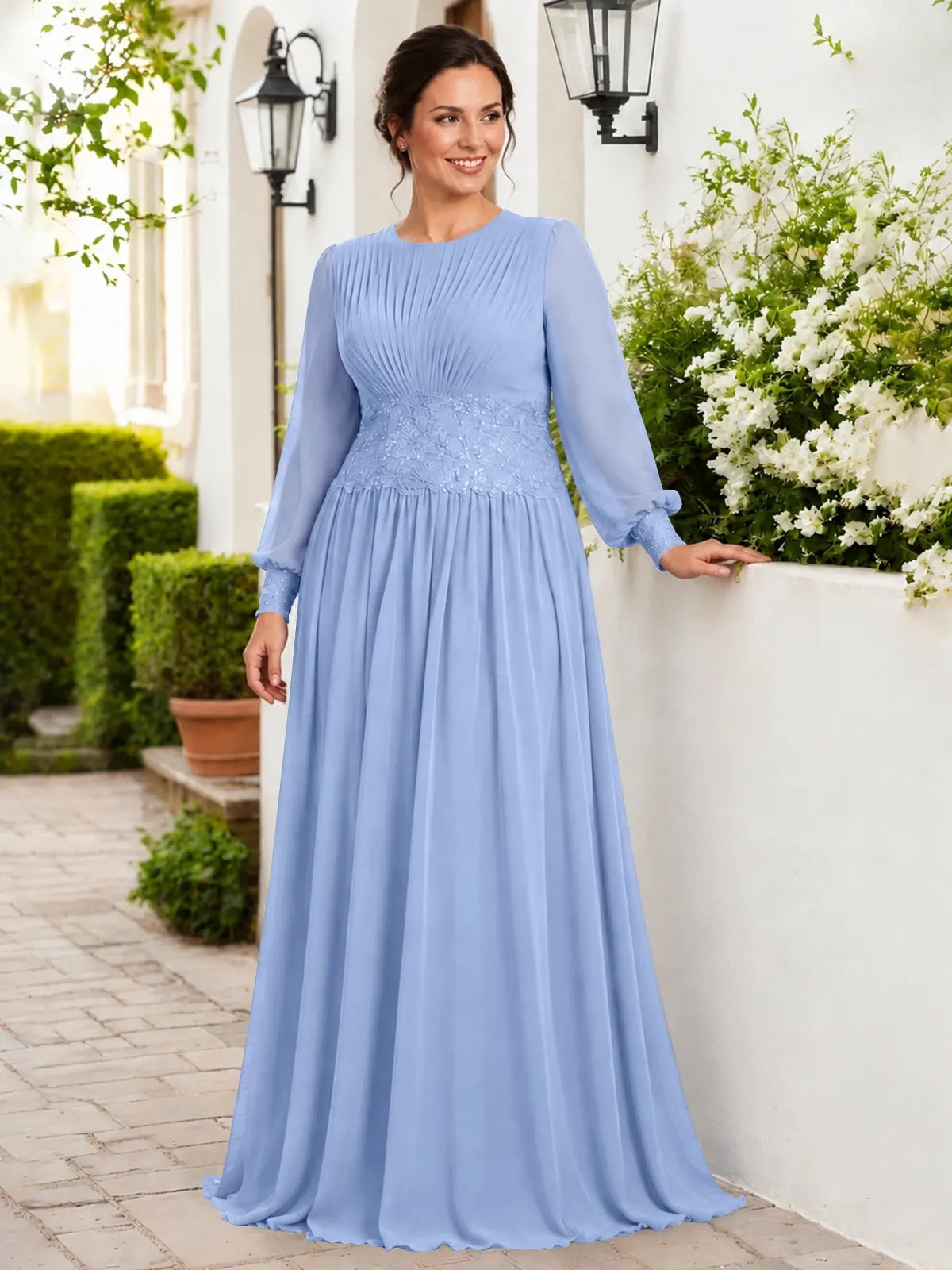 Chiffon Mother of the Bride Dress with Jewel Neckline-Plus Size 
