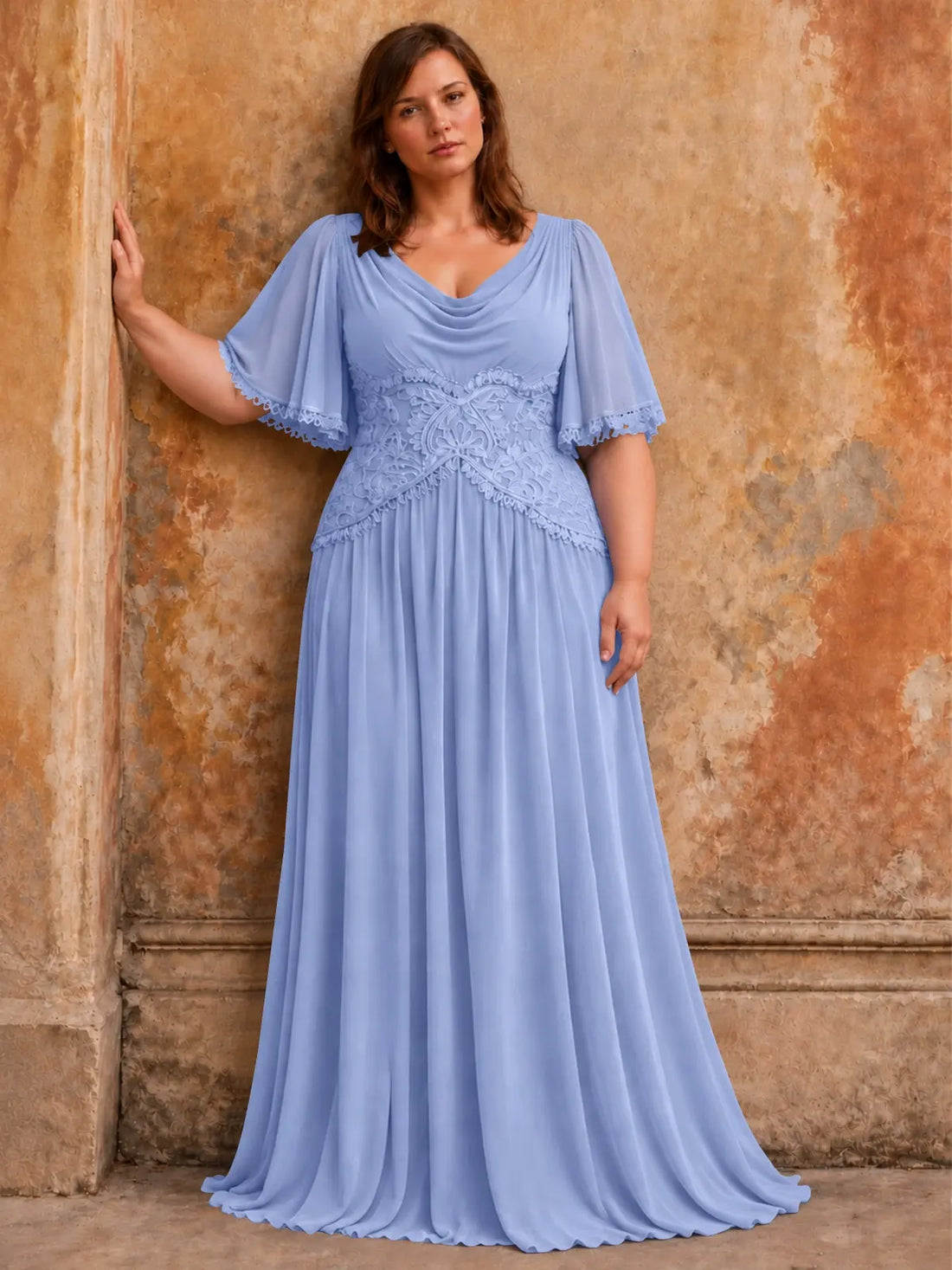 Cowl Neck Mother of the Bride Dress with Applique-Plus Size 