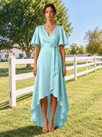 V-neck Bridesmaid Dress with Flutter Sleeves