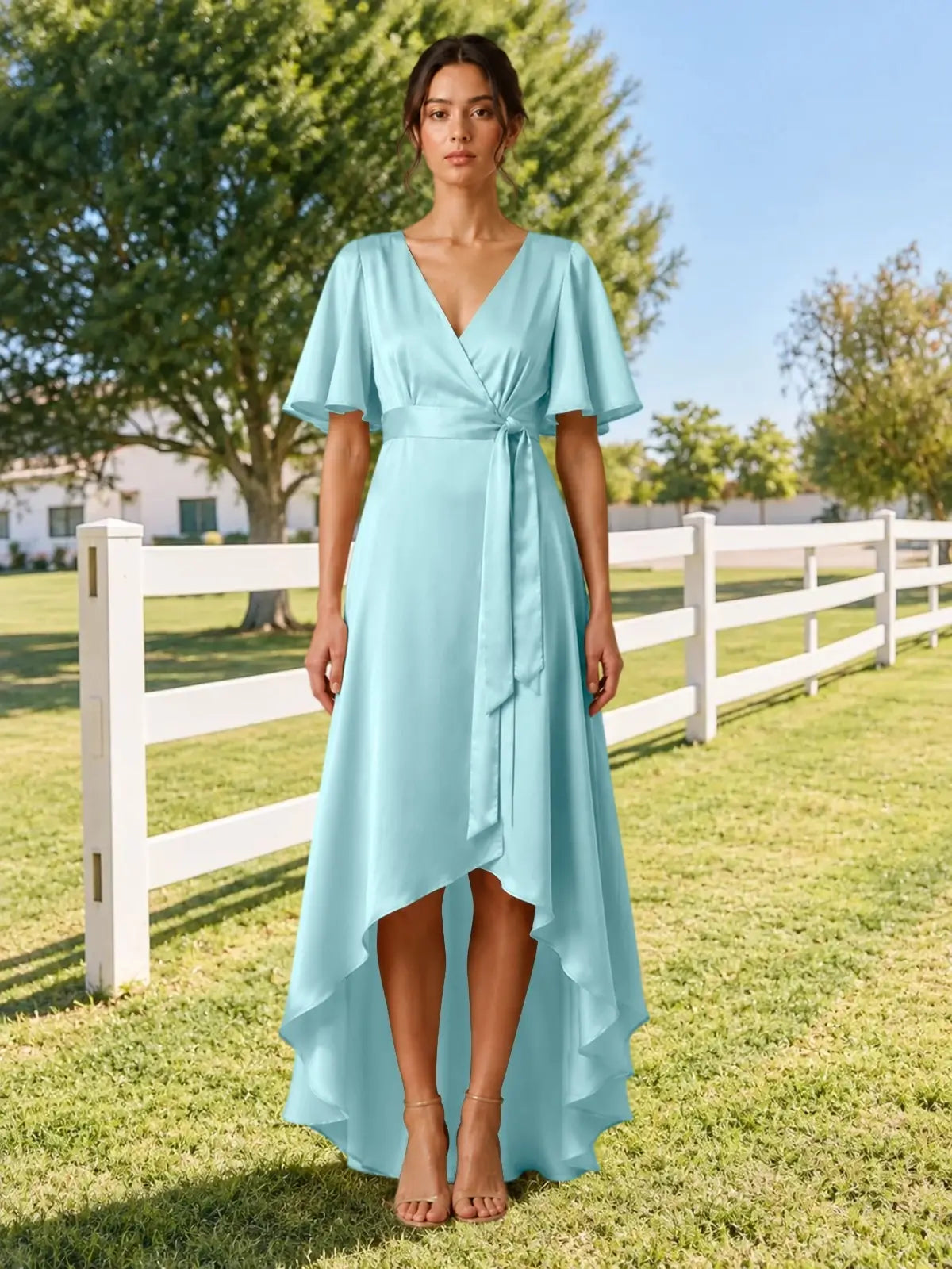 V-neck Bridesmaid Dress with Flutter Sleeves