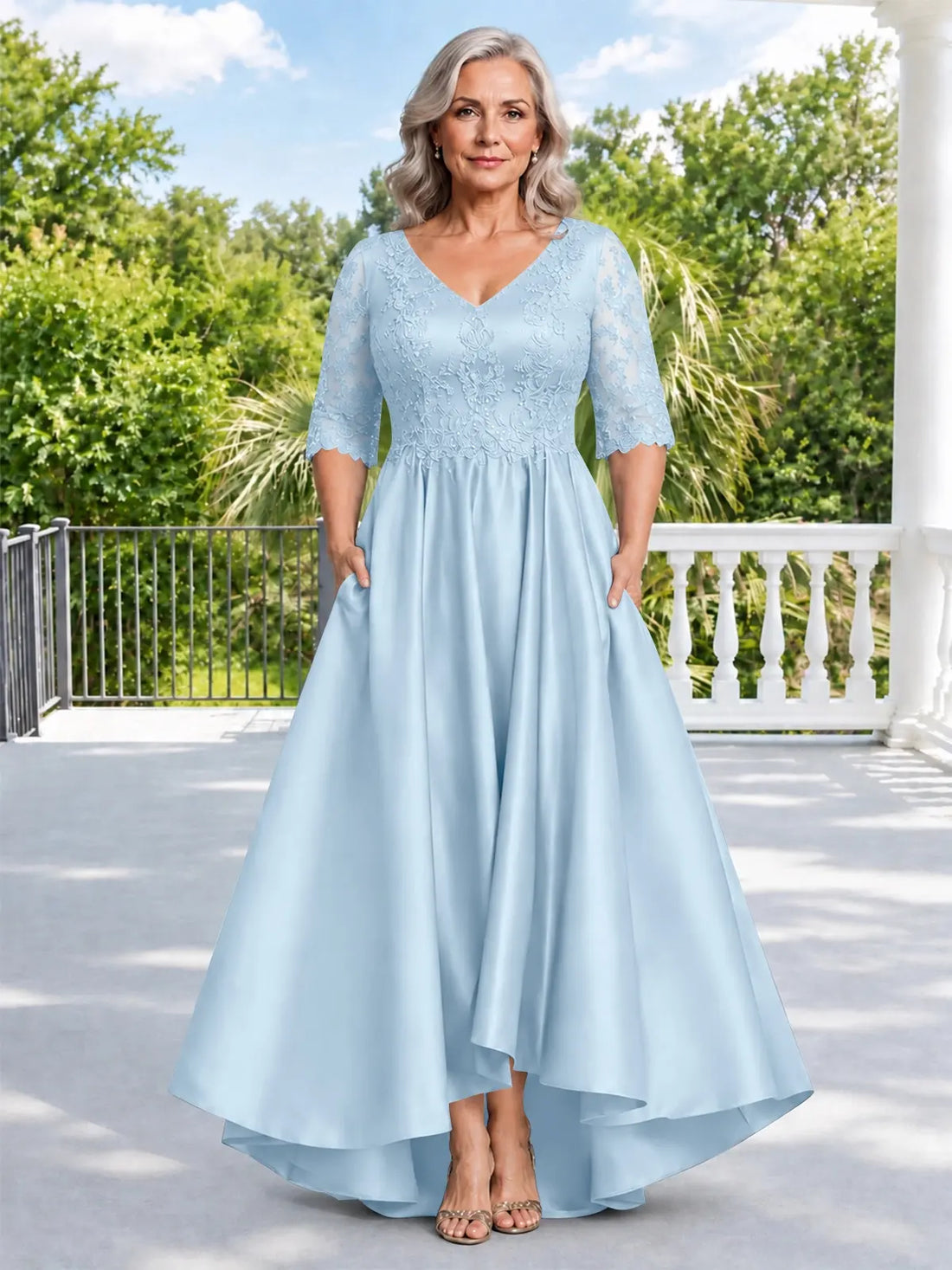 Satin Mother of the Bride Dress with Lace Sleeves-Plus Size 