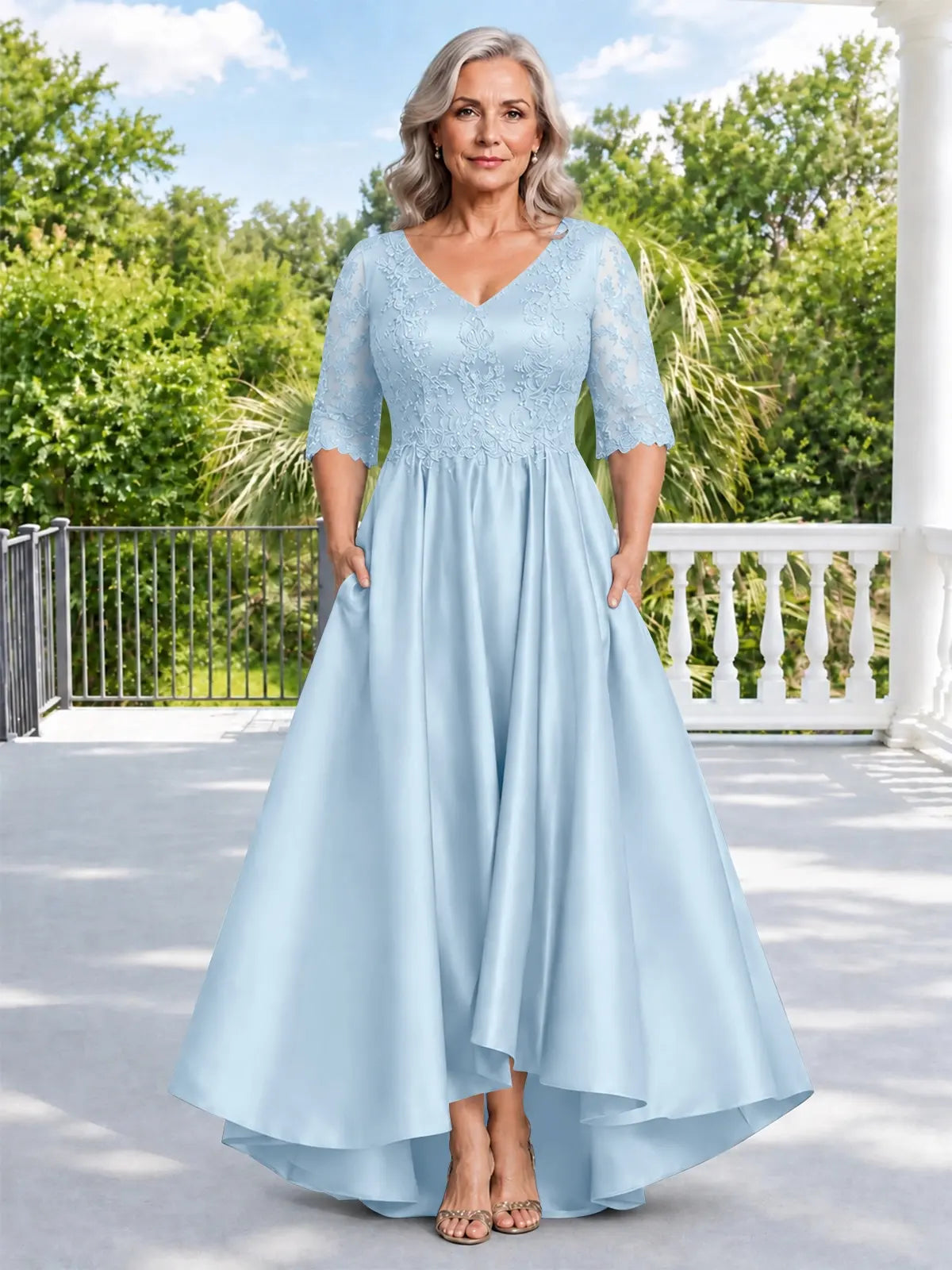 Satin Mother of the Bride Dress with Lace Sleeves-Plus Size 