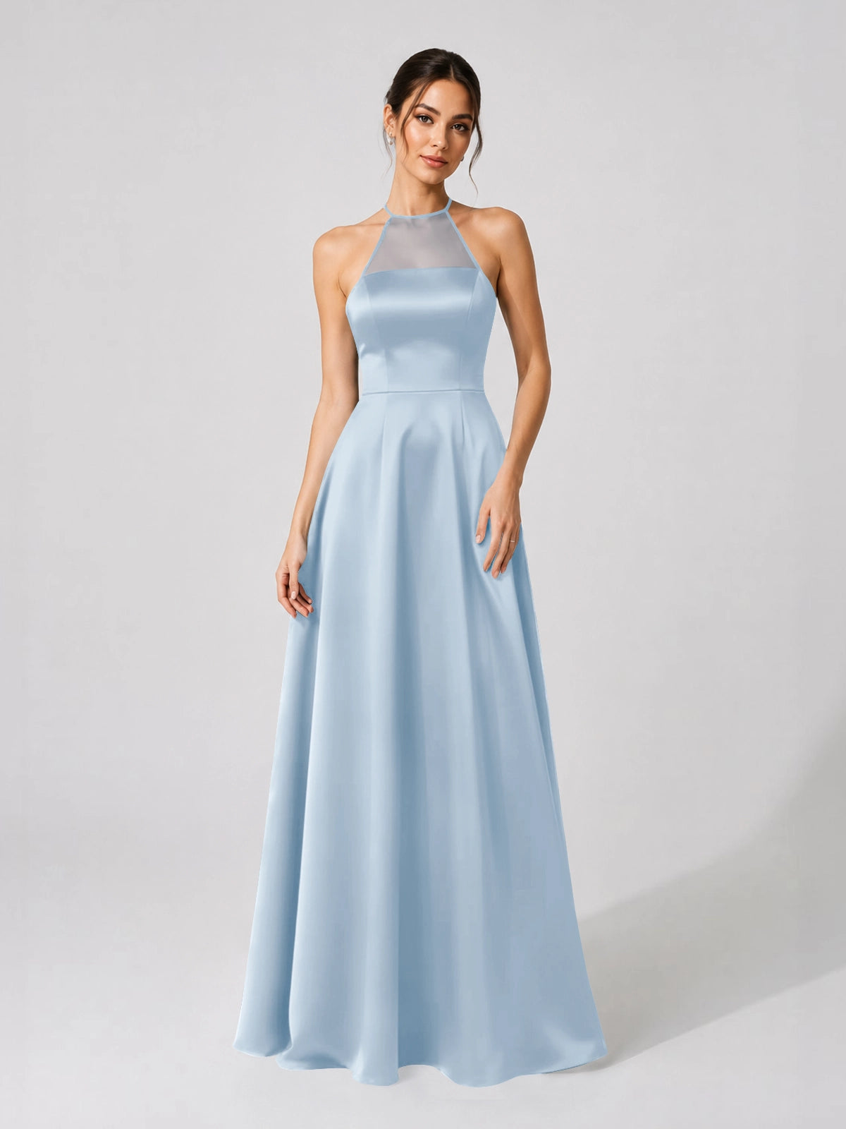 Satin Bridesmaid Dress with Illusion Halter Neck 