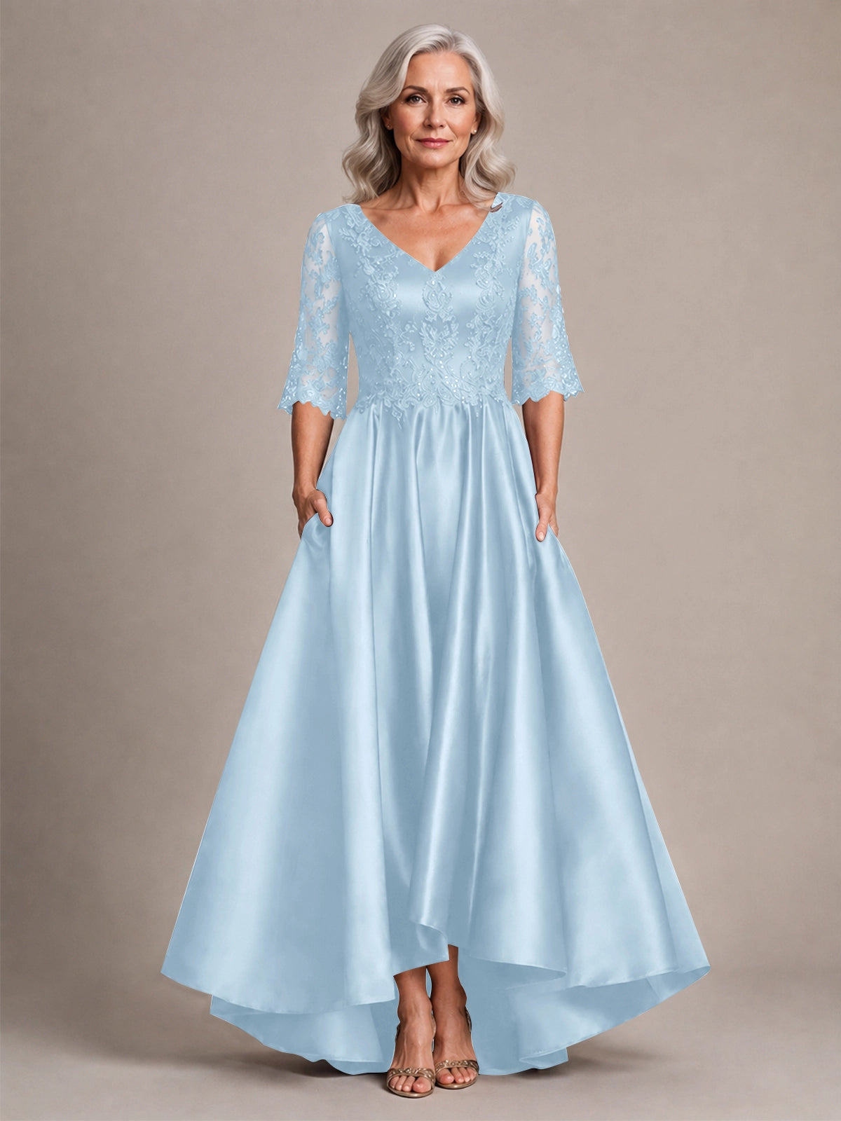 Satin Mother of the Bride Dress with Lace Sleeves 