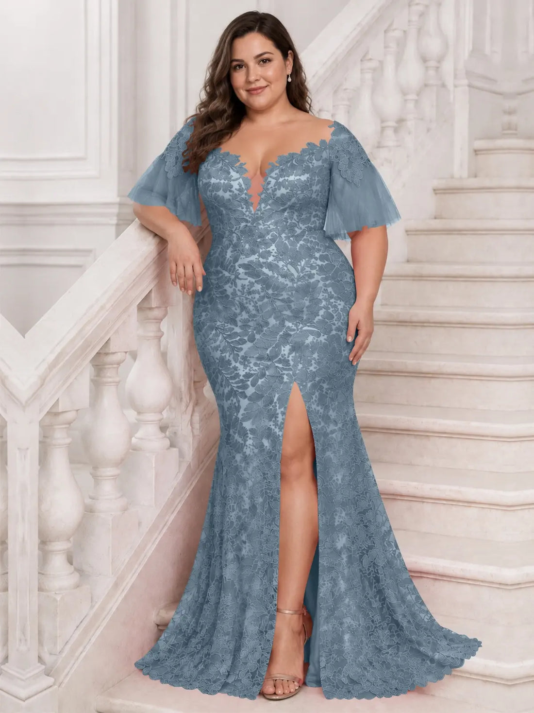 Mermaid Mother of the Bride Dress with V-neck-Plus Size 