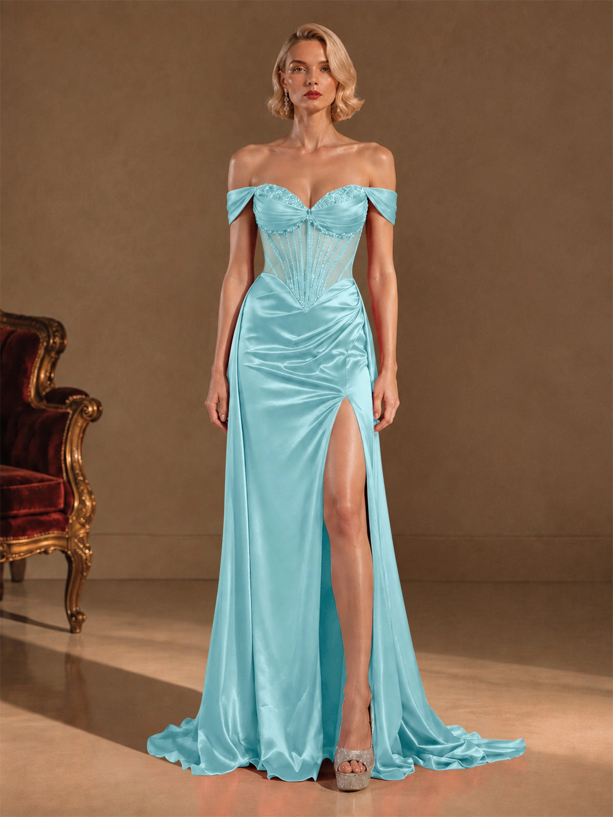 Silk-like Prom Dress with Crystal Detailing 