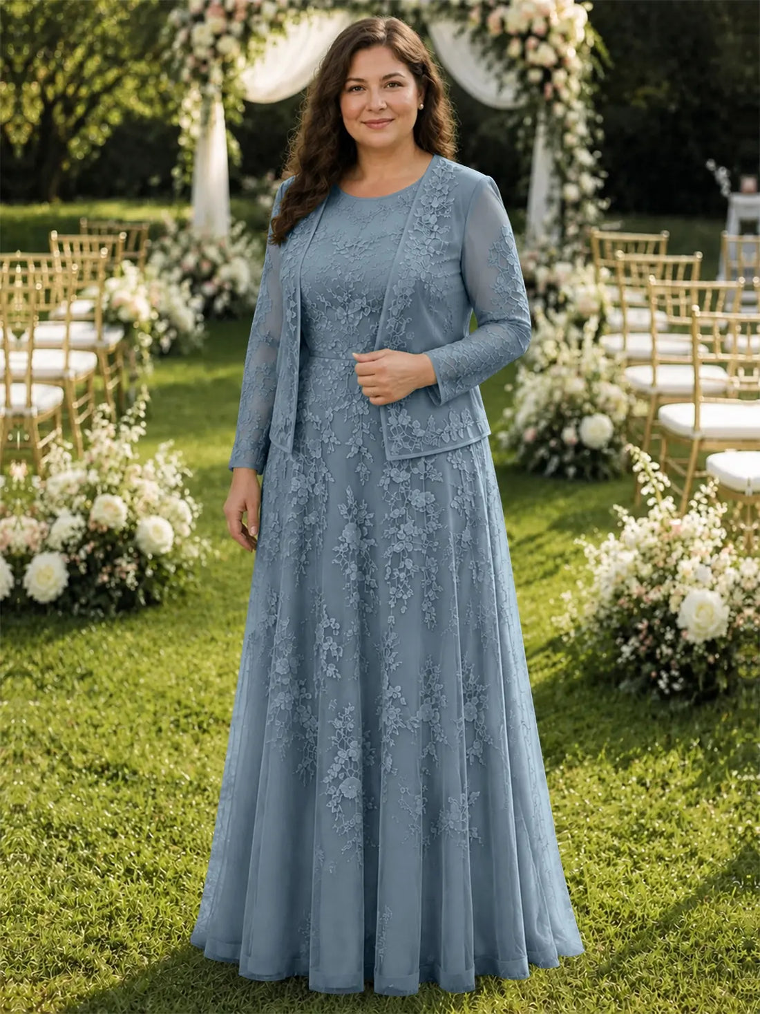 Two-Piece Lace Mother of the Bride Dress with Long Sleeves-Plus Size 
