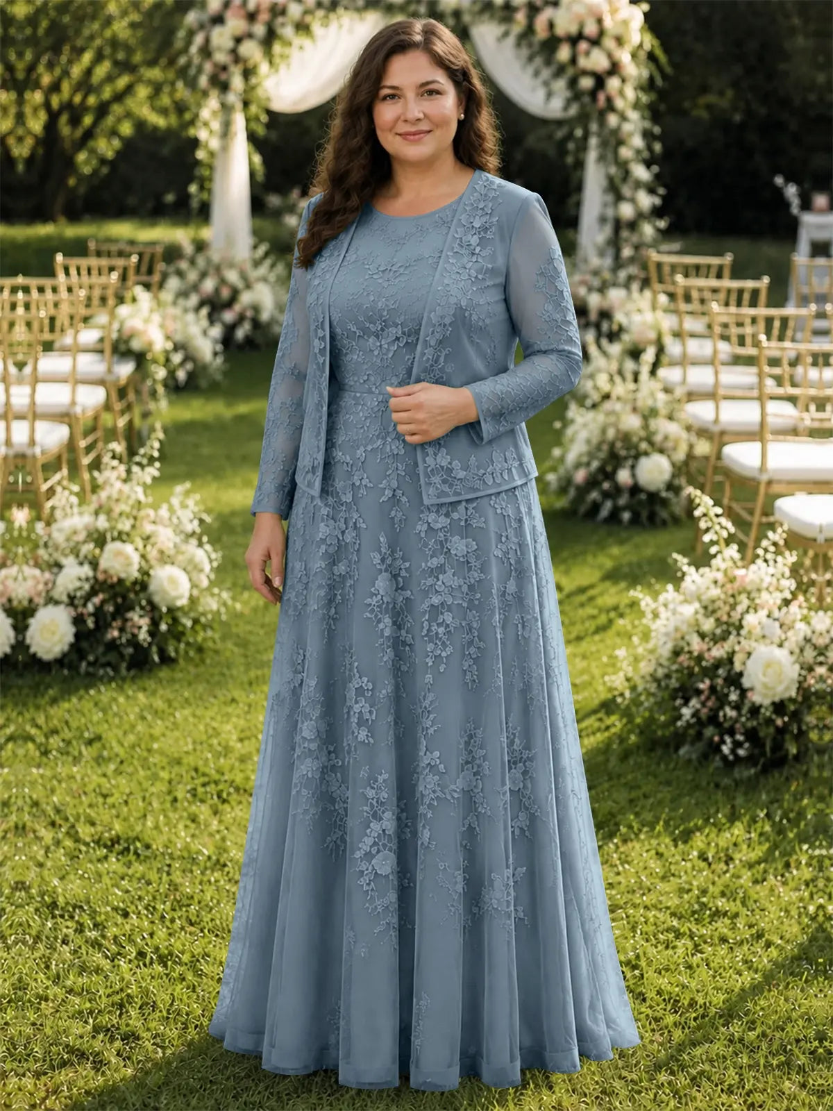 Two-Piece Lace Mother of the Bride Dress with Long Sleeves-Plus Size 