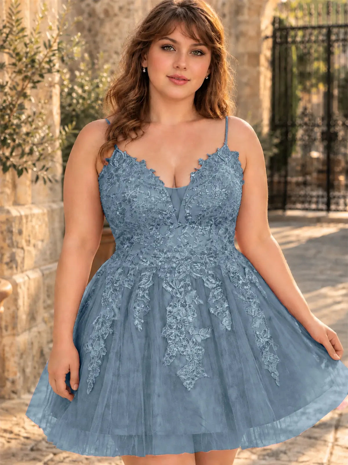 Applique Soft Tulle Mini Dress-Plus Size 