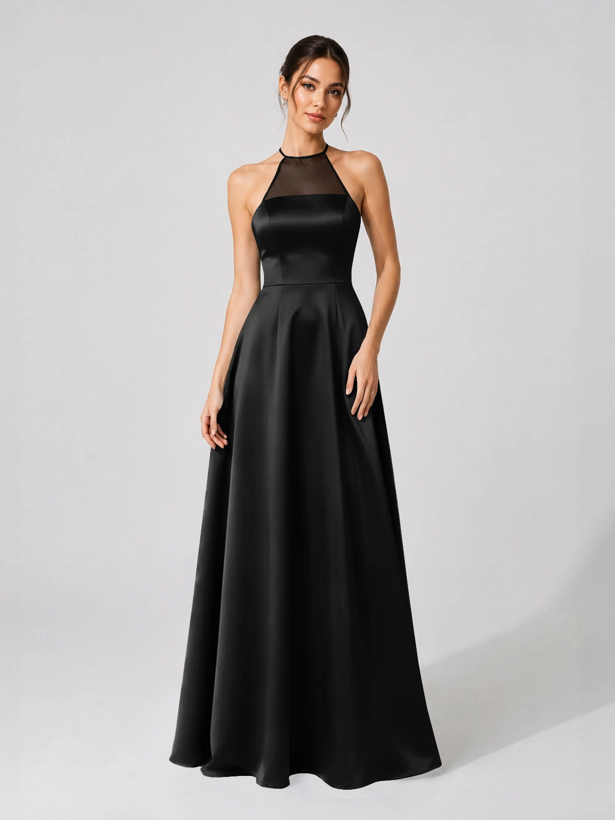 Satin Bridesmaid Dress with Illusion Halter Neck 