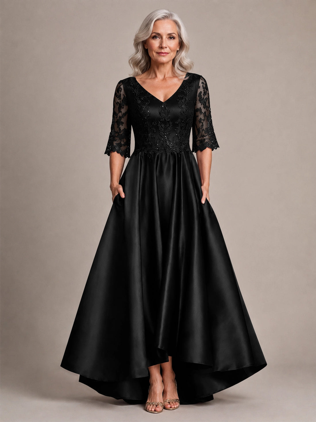 Satin Mother of the Bride Dress with Lace Sleeves 