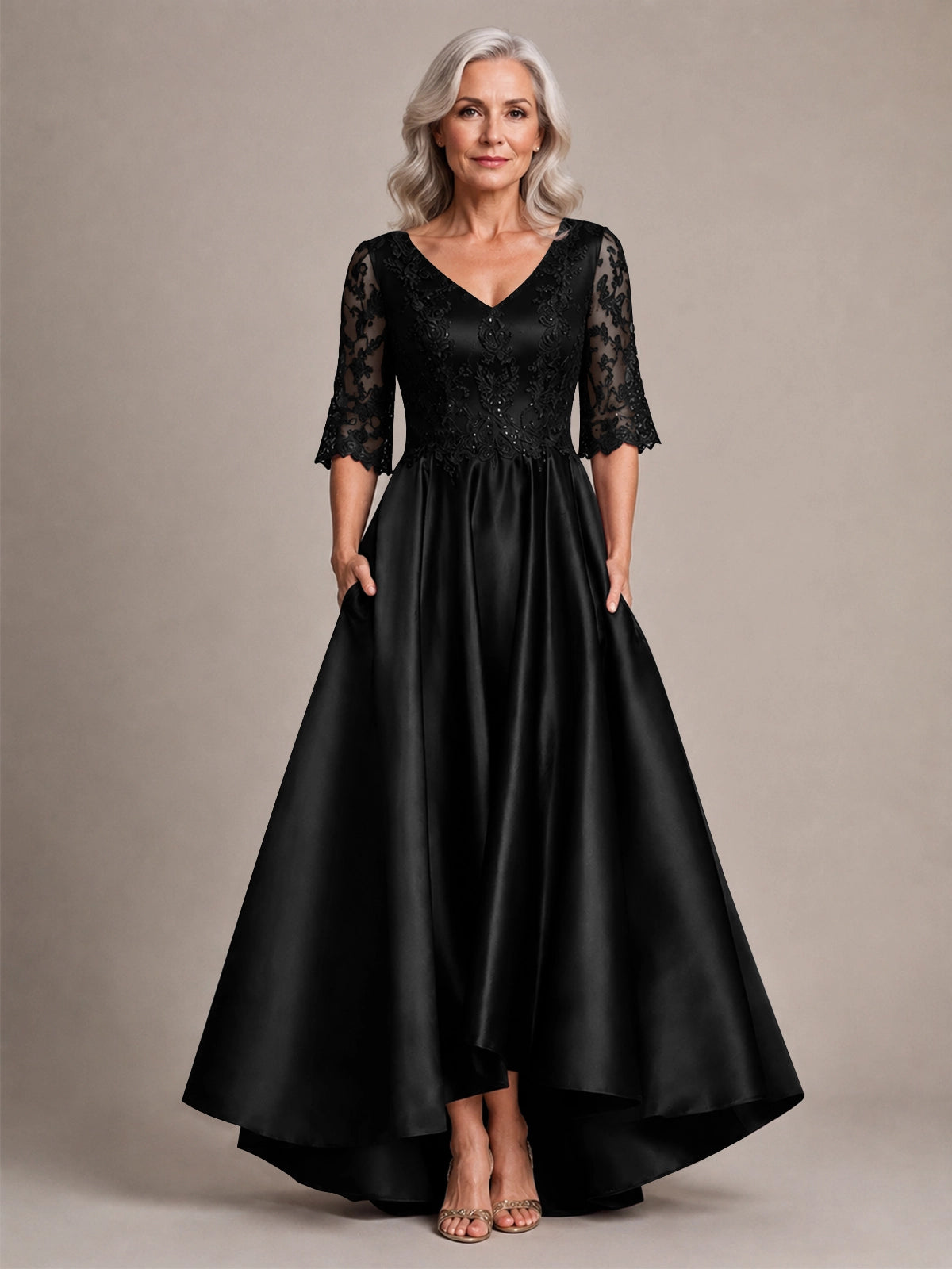 Satin Mother of the Bride Dress with Lace Sleeves 