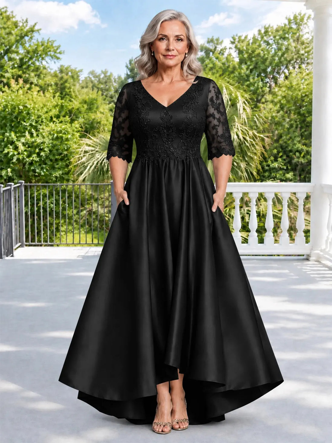 Satin Mother of the Bride Dress with Lace Sleeves-Plus Size 