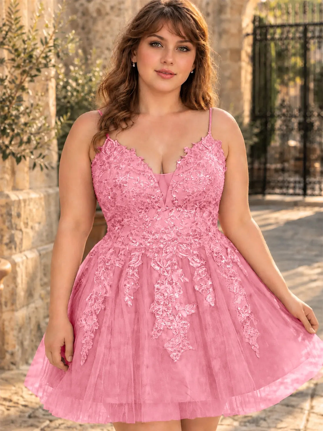 Applique Soft Tulle Mini Dress-Plus Size 