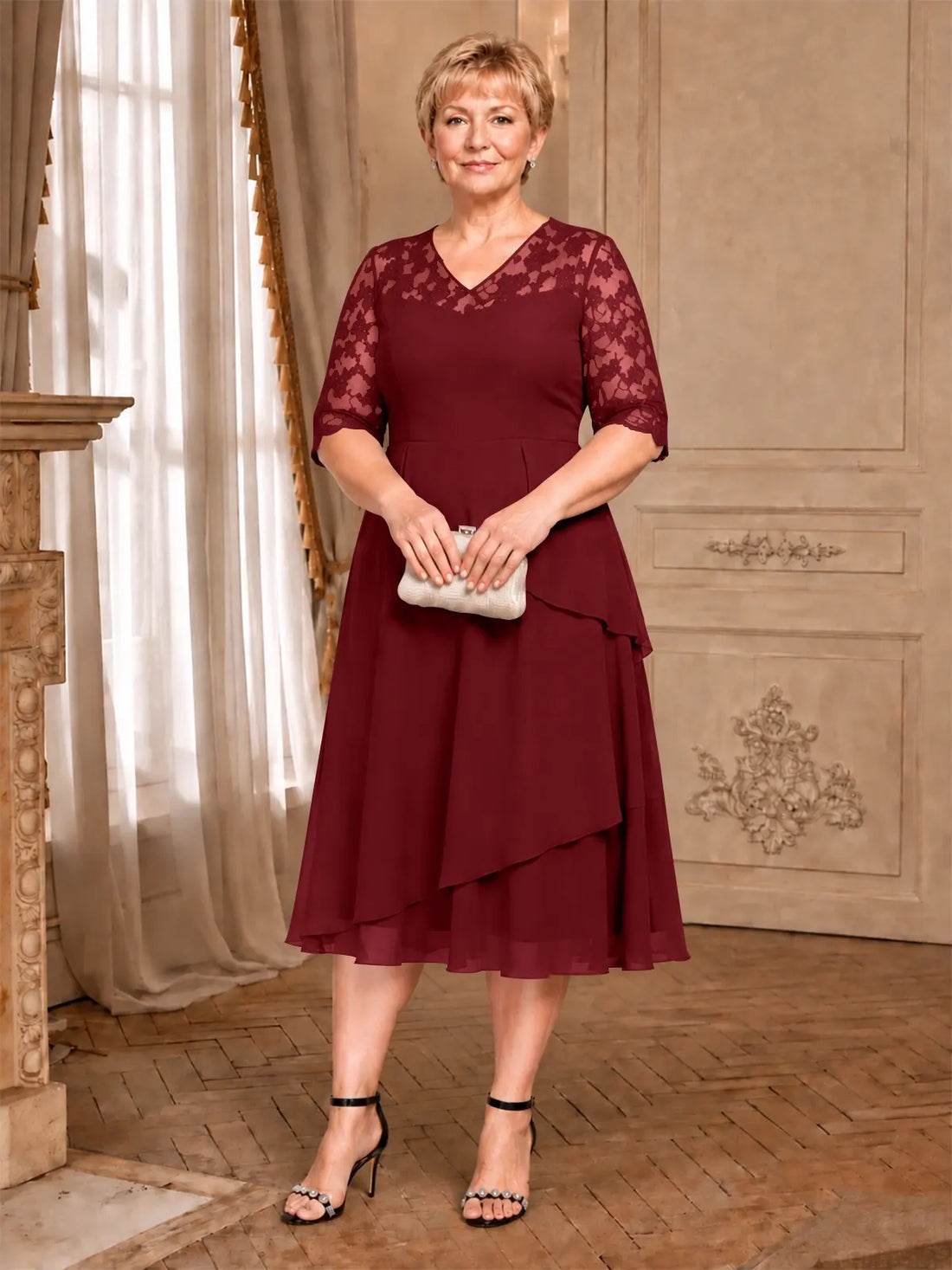 A-line Mother of the Bride Dress with Lace Sleeves-Plus Size 