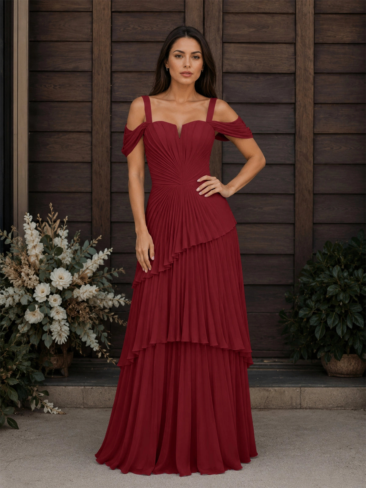 Chiffon Bridesmaid Dress with Cold-Shoulder 
