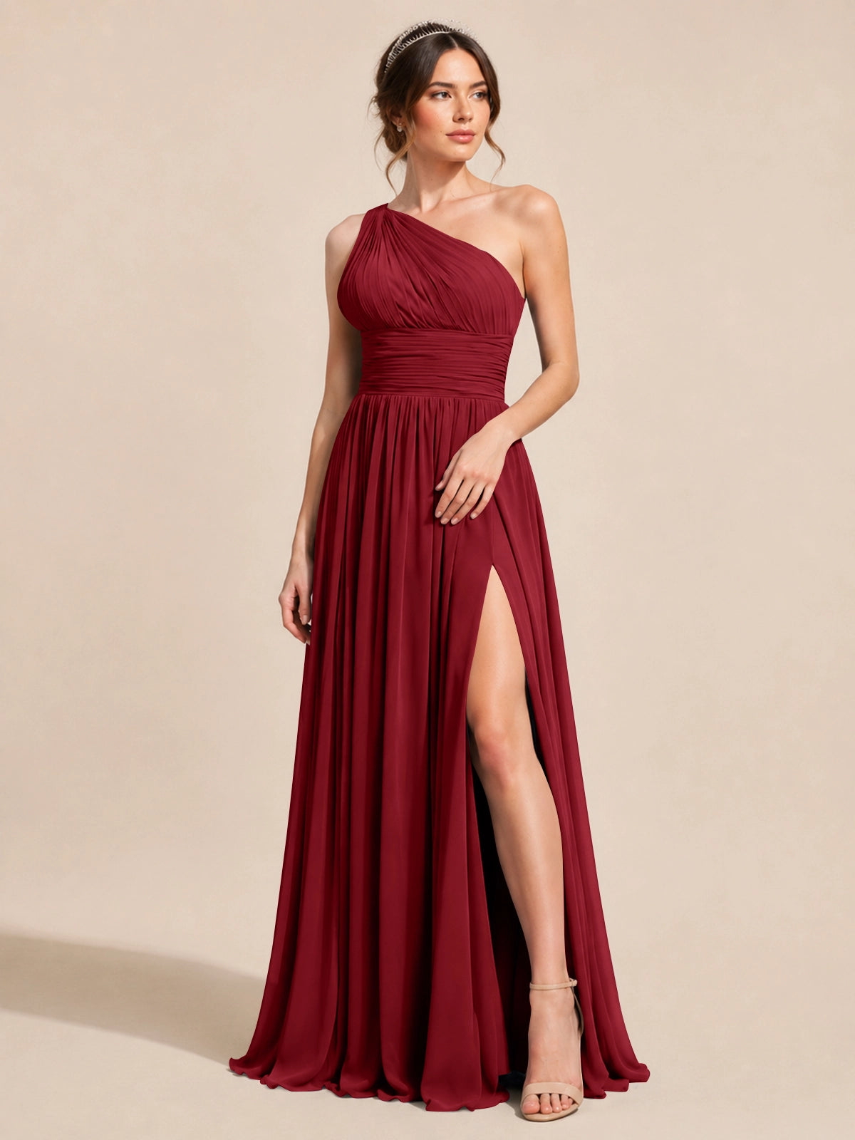 Chiffon Bridesmaid Dress with One-Shoulder Neckline 