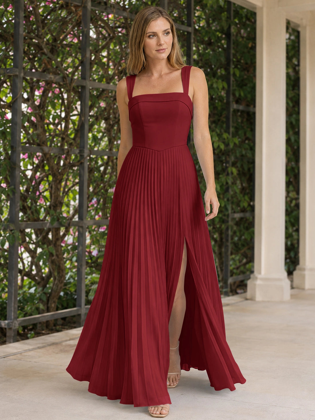 Square Neck Bridesmaid Dress with Pleated Skirt 