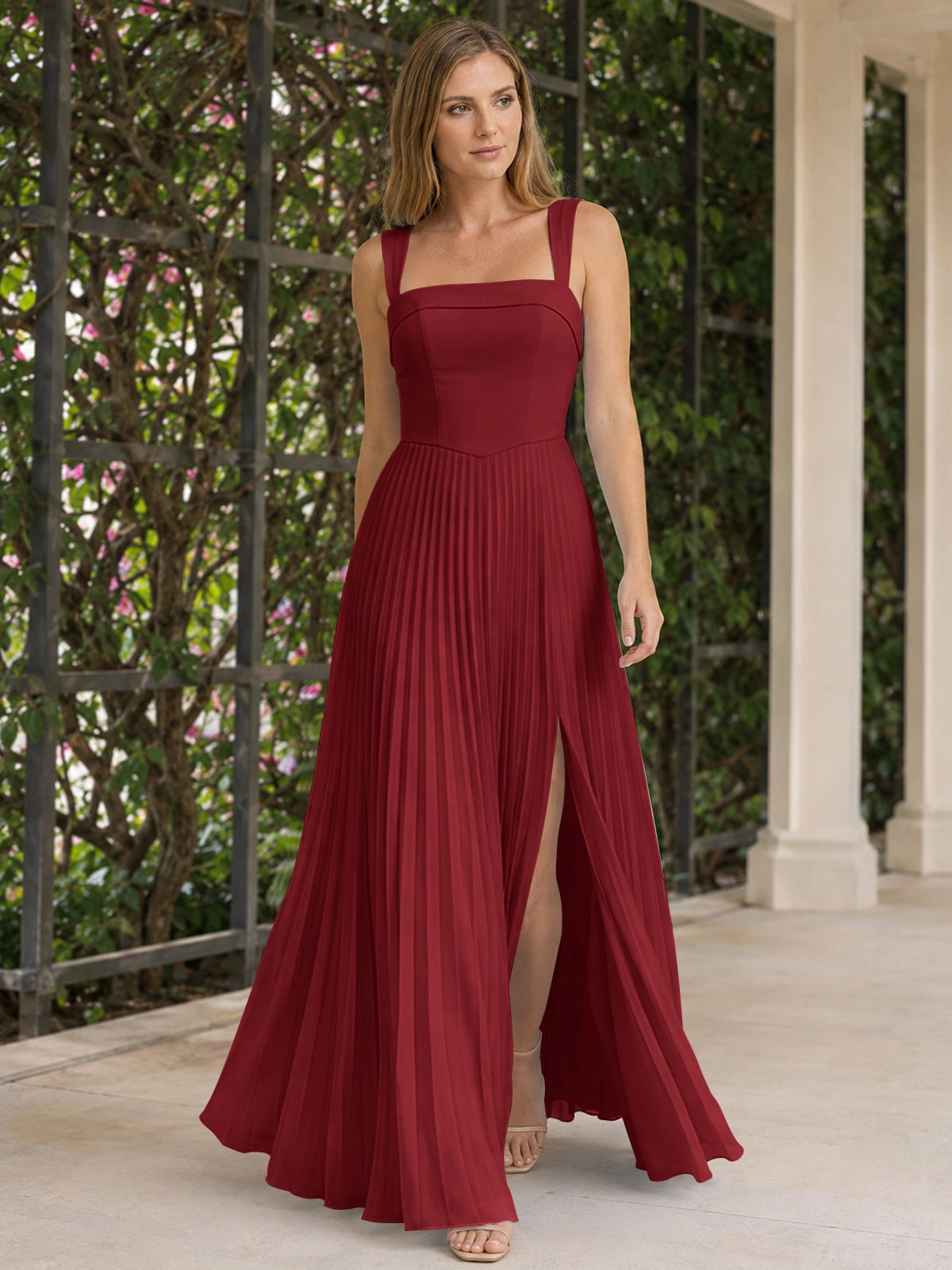 Square Neck Bridesmaid Dress with Pleated Skirt 