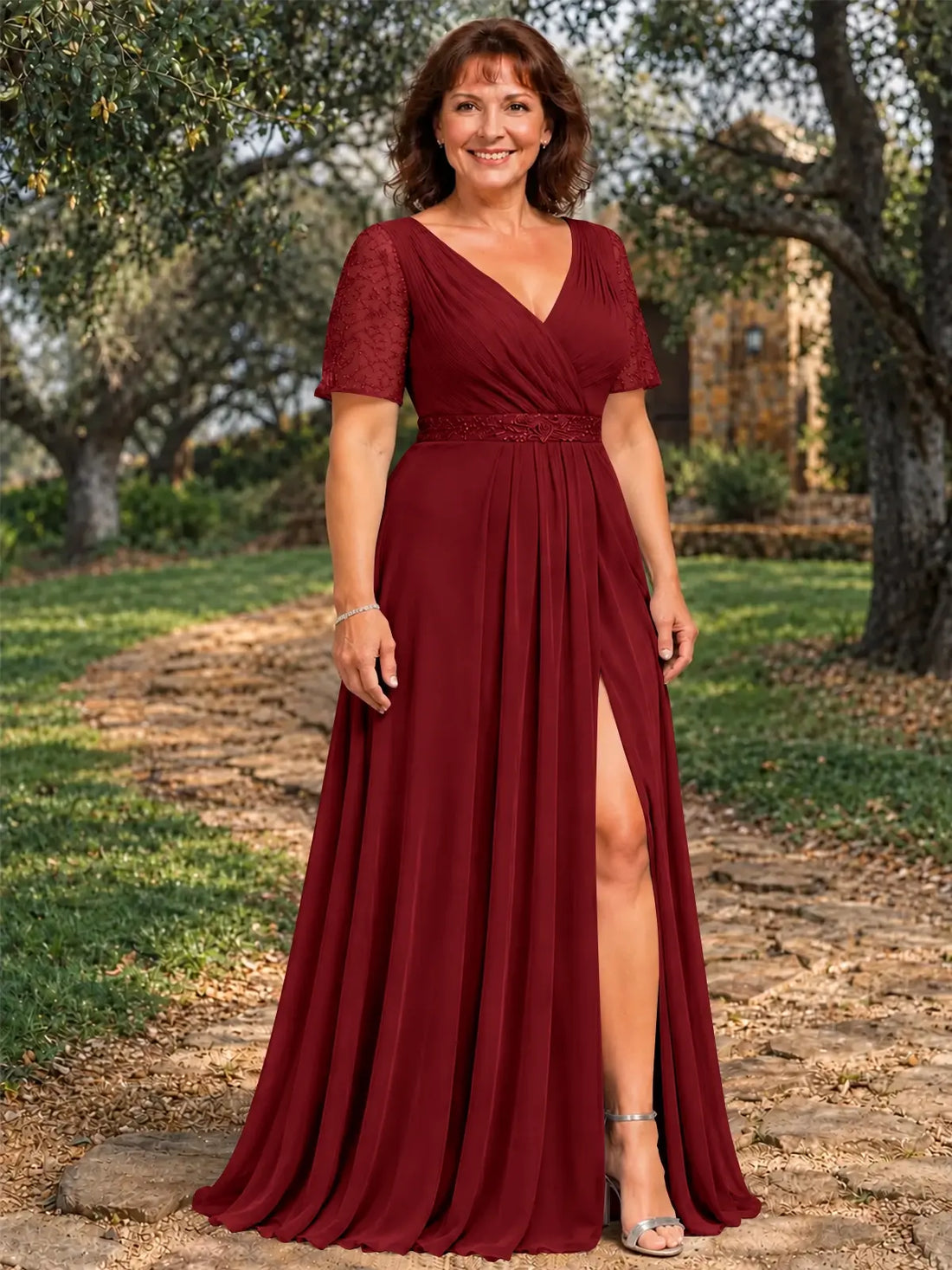 Surplice Neckline Mother of the Bride Dress with Slit-Plus Size 