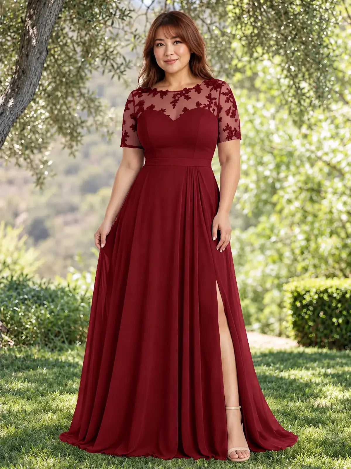 Lace Mother of the Bride Dress with Illusion Neckline-Plus Size 