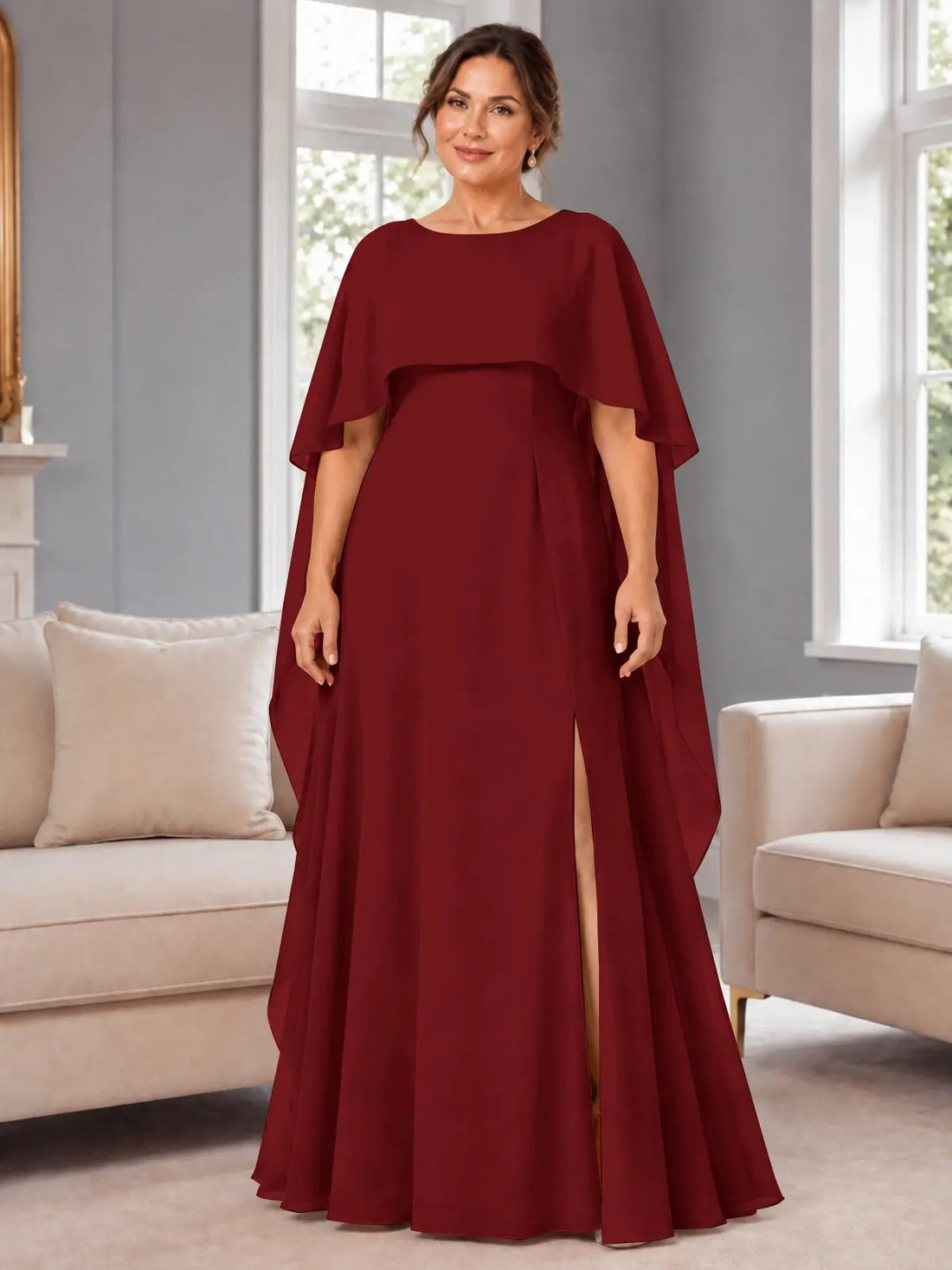 Chiffon Mother of the Bride Dress with Cape Overlay-Plus Size 