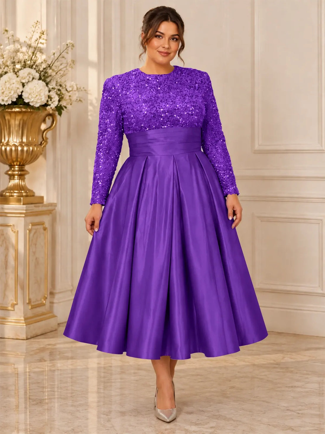 Sequined Mother Dress with Pockets-Plus Size 