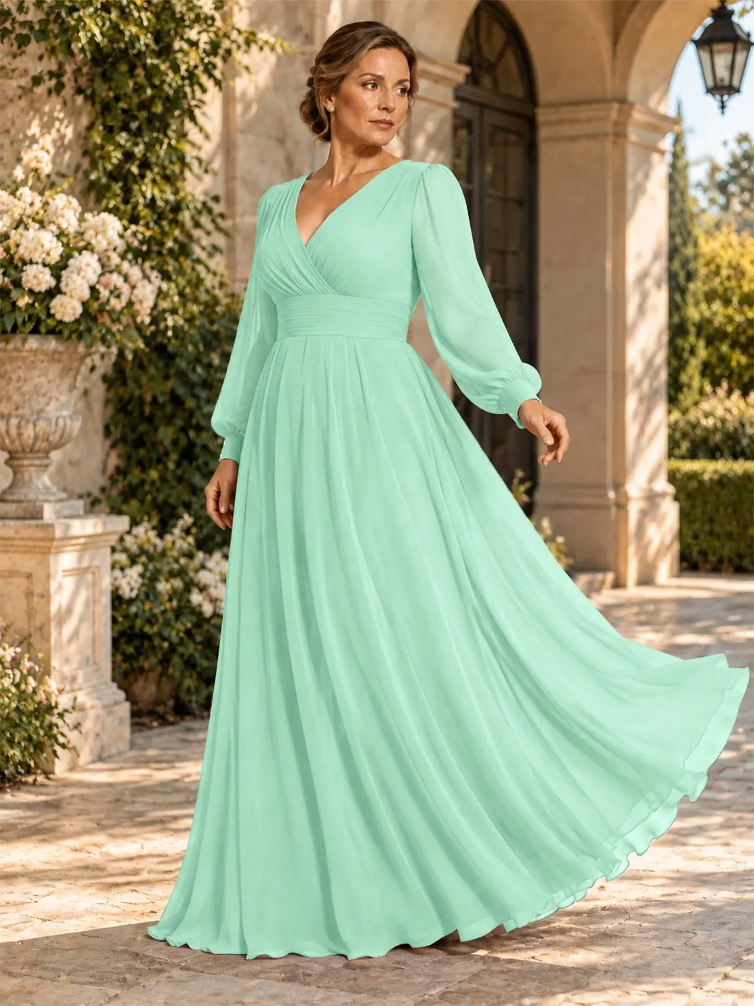 Chiffon Mother of the Bride Dress with Long Sleeves-Plus Size 