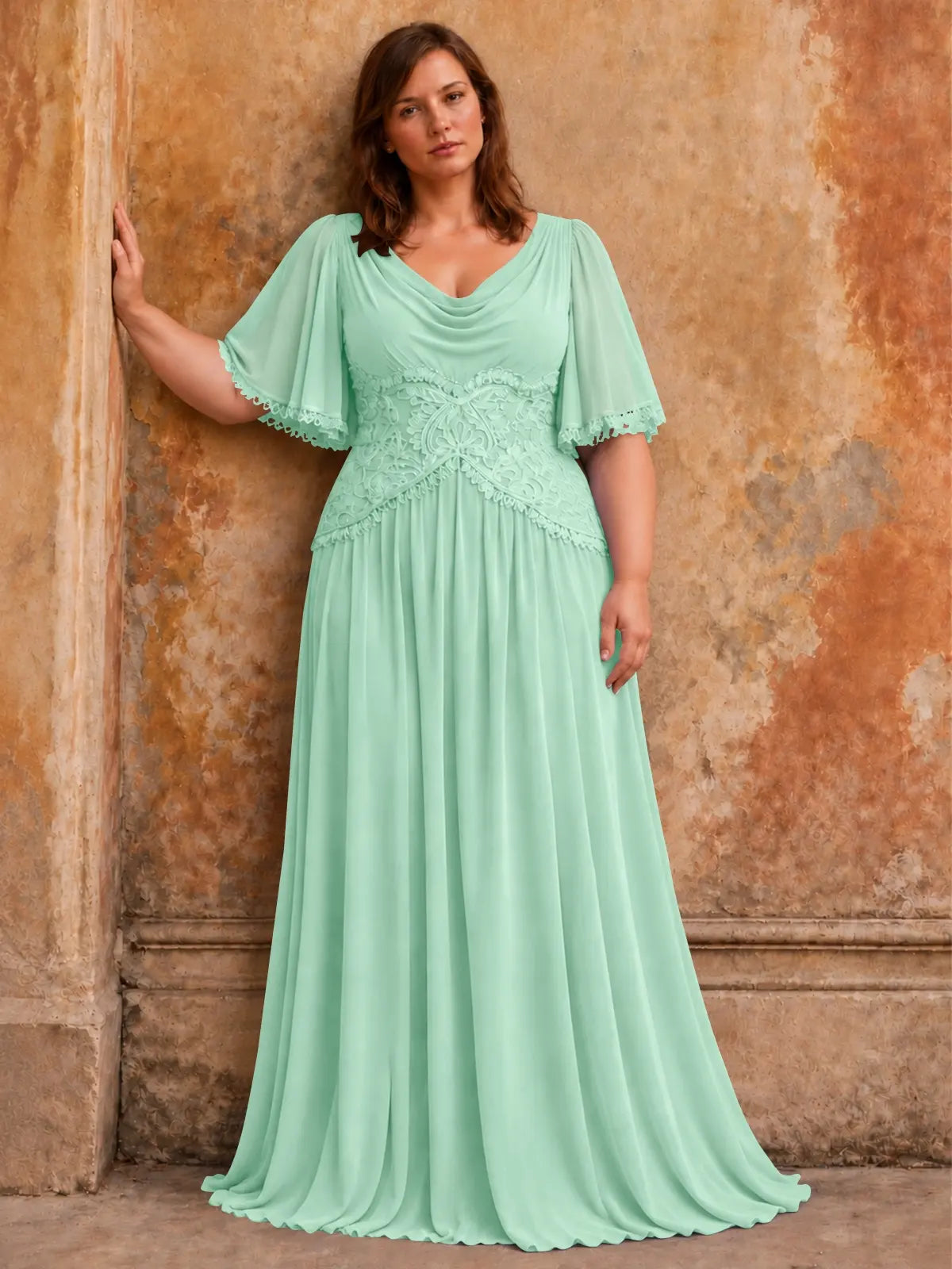 Cowl Neck Mother of the Bride Dress with Applique-Plus Size 