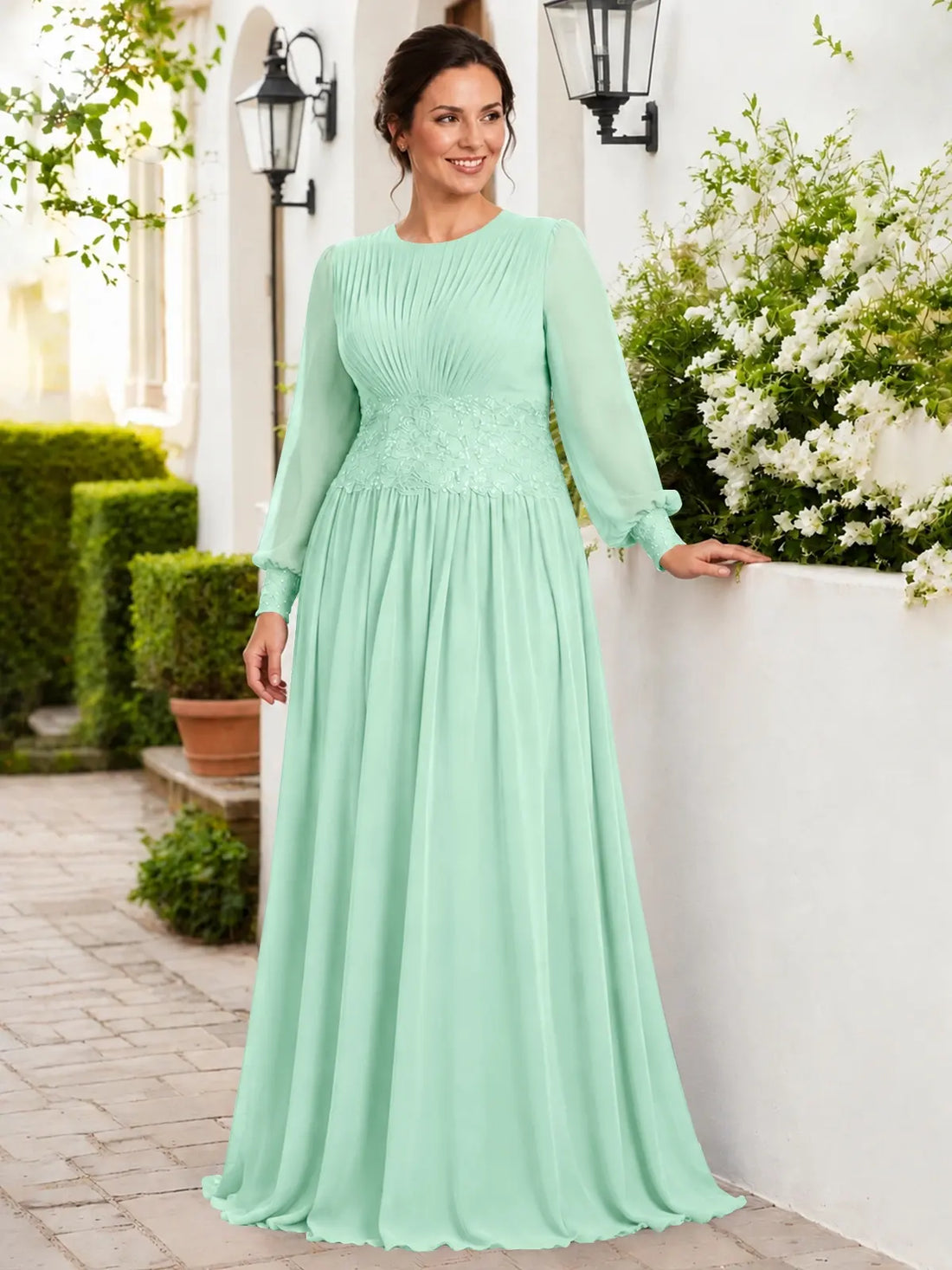 Chiffon Mother of the Bride Dress with Jewel Neckline-Plus Size 