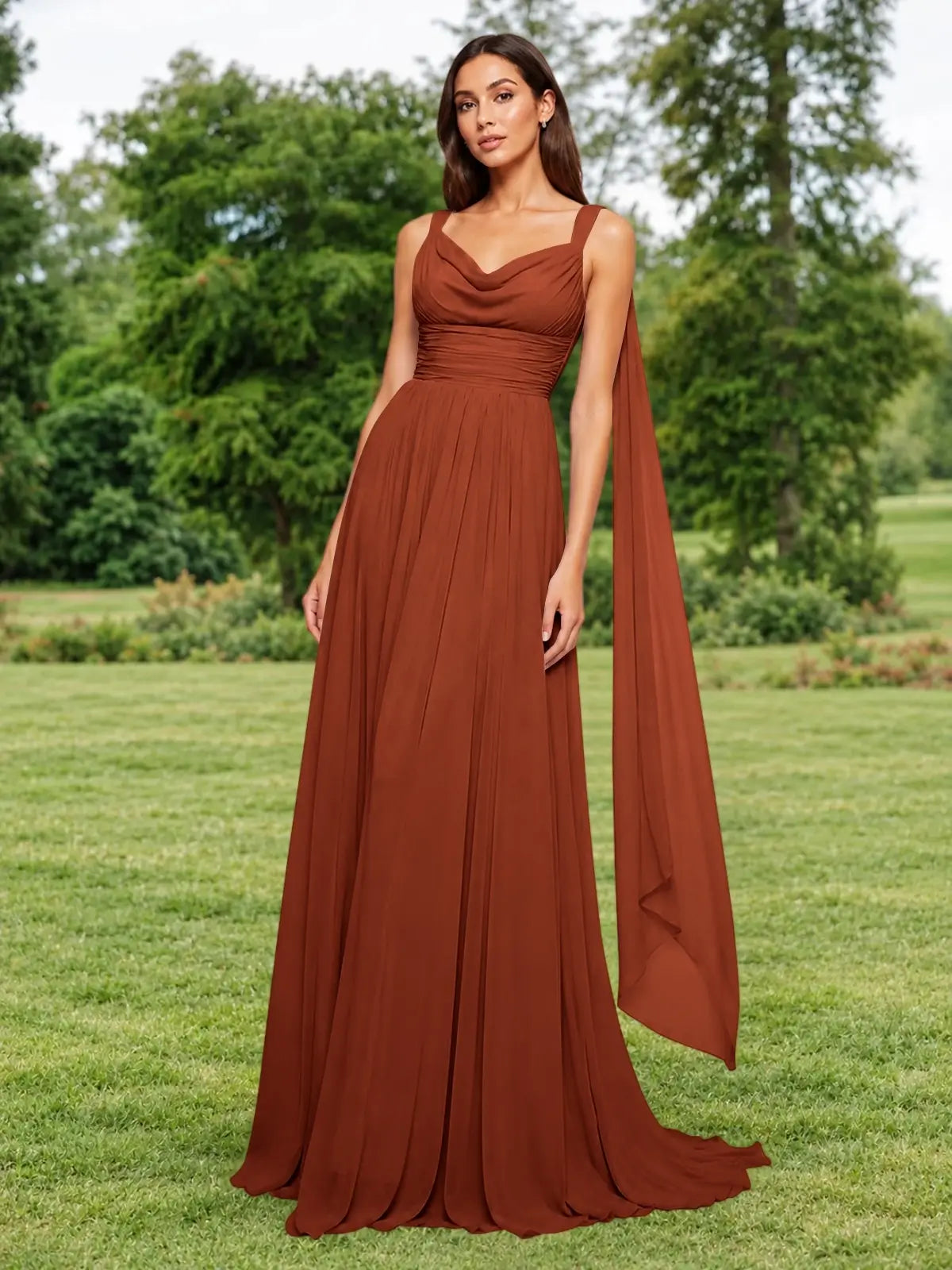 Chiffon Bridesmaid Dress with Draped Scarf 