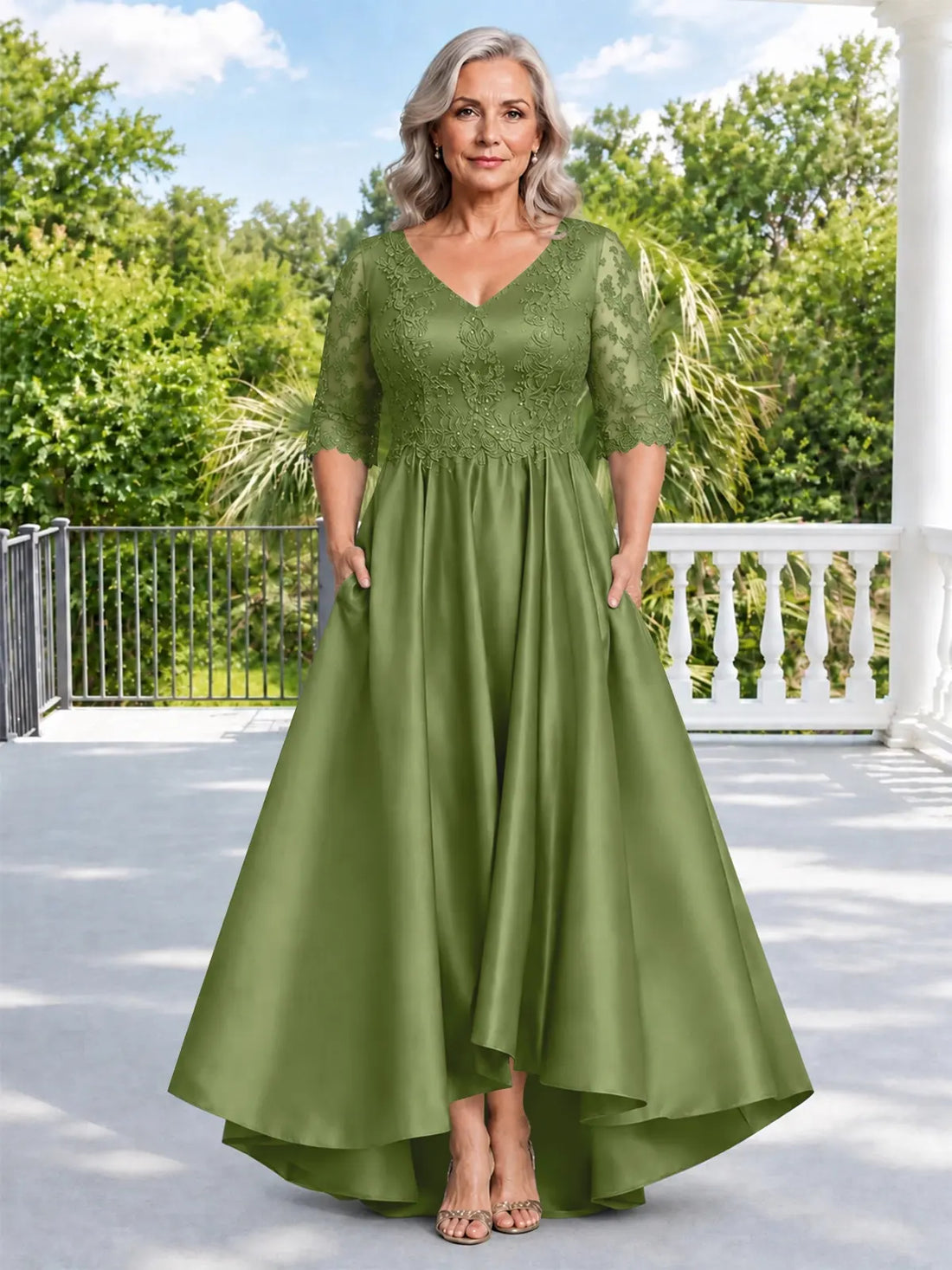 Satin Mother of the Bride Dress with Lace Sleeves-Plus Size 
