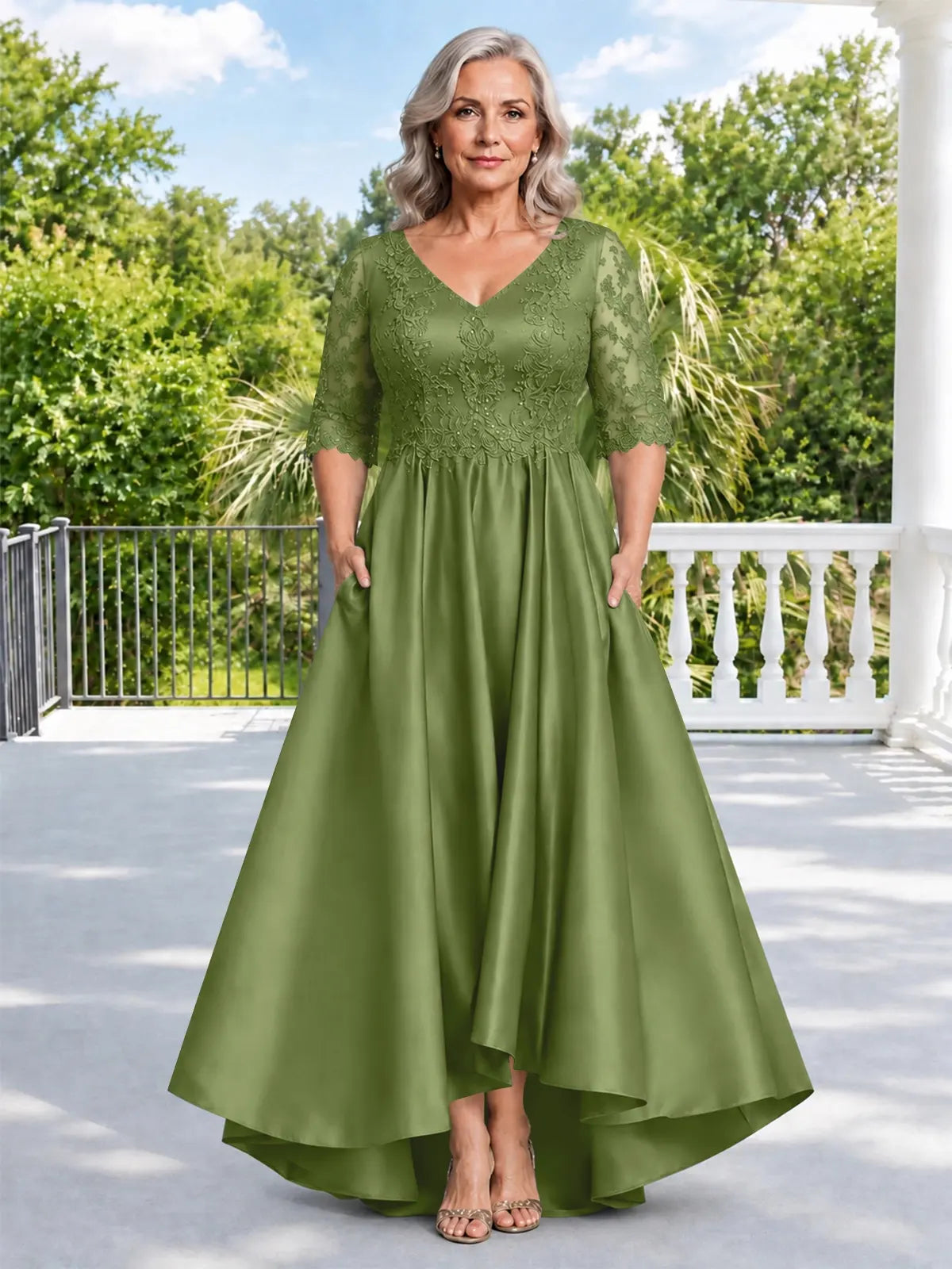 Satin Mother of the Bride Dress with Lace Sleeves-Plus Size 