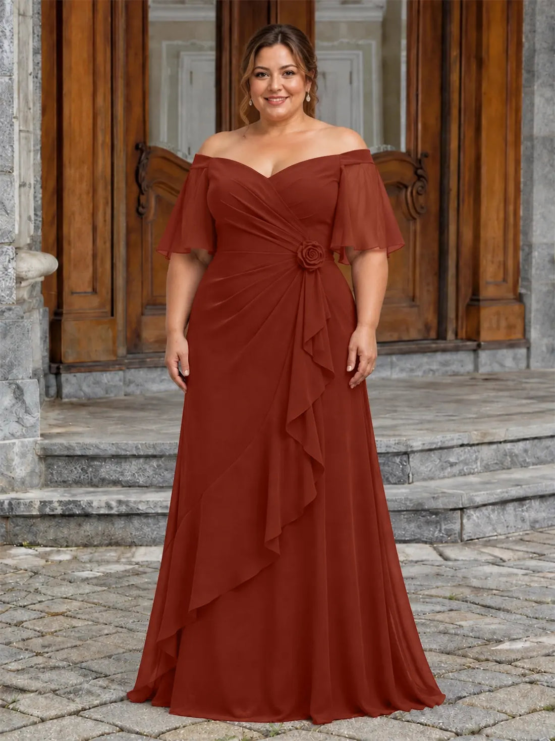 Chiffon Mother of the Bride Dress with 3D Rosette-Plus Size 