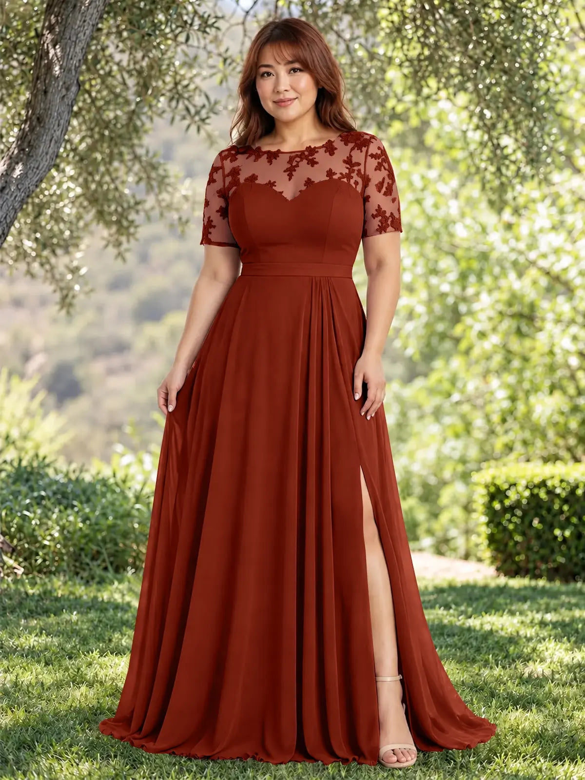 Lace Mother of the Bride Dress with Illusion Neckline-Plus Size 