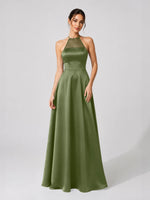 Satin Bridesmaid Dress with Illusion Halter Neck 