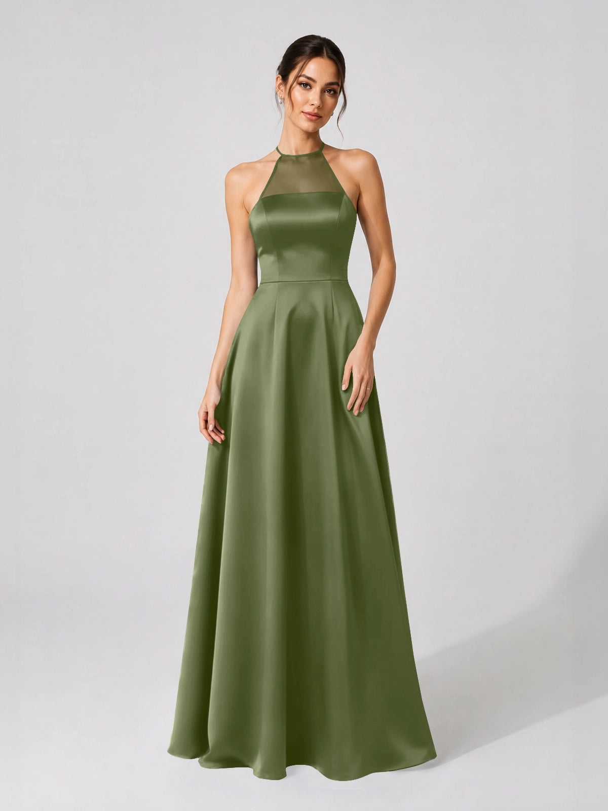 Satin Bridesmaid Dress with Illusion Halter Neck 