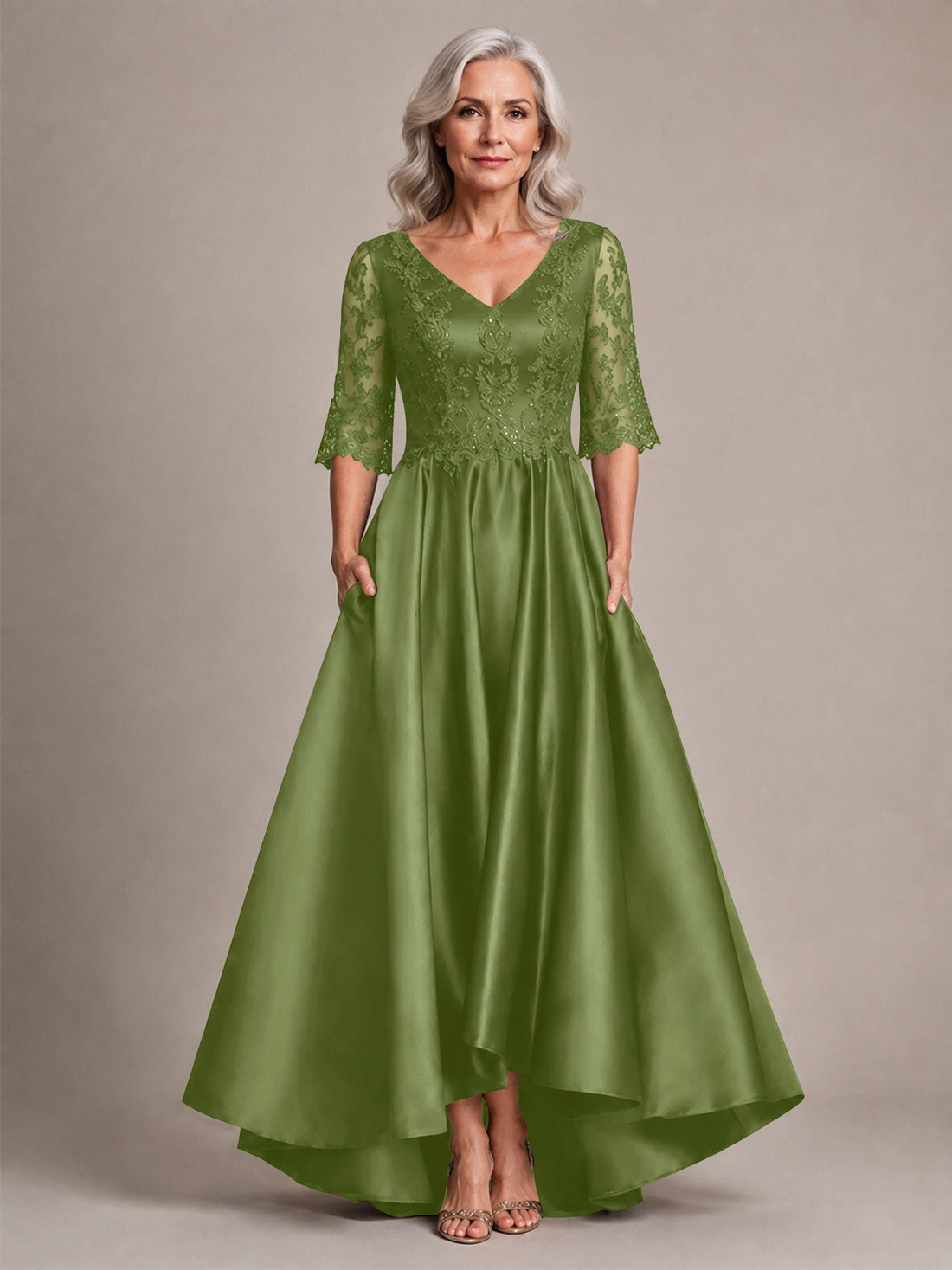Satin Mother of the Bride Dress with Lace Sleeves 
