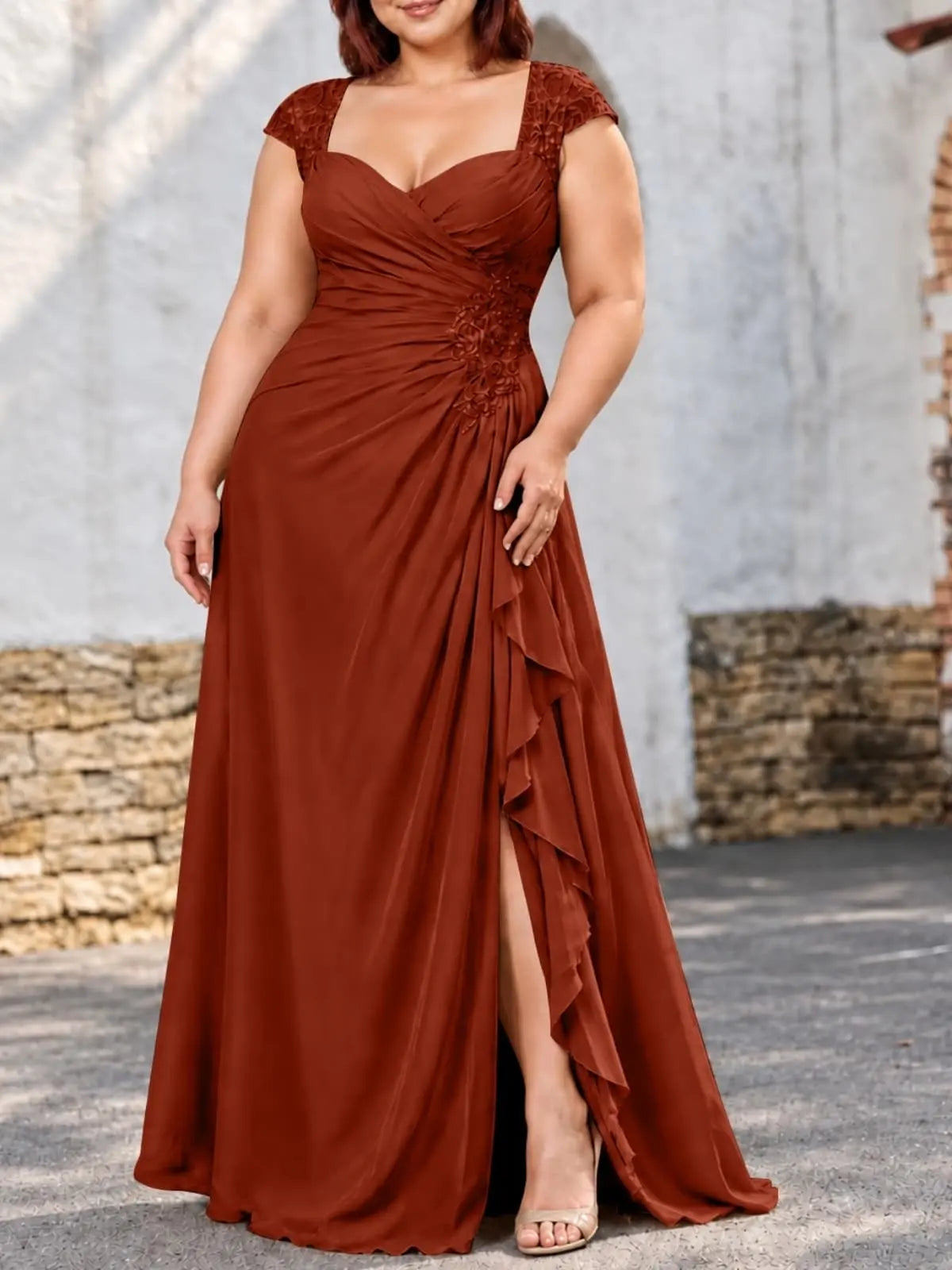 Chiffon Mother of the Bride Dress with Lace Appliques-Plus Size 
