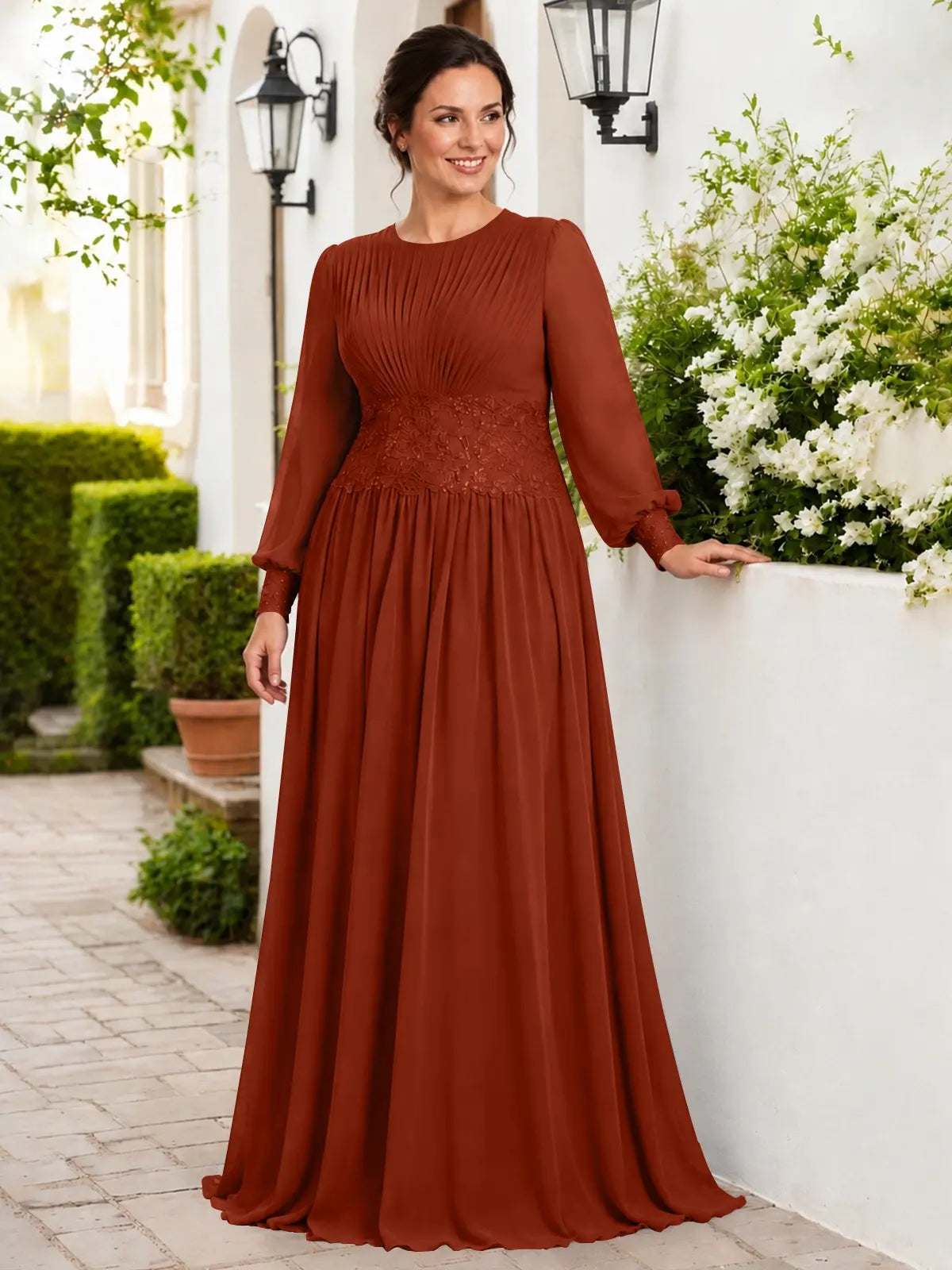 Chiffon Mother of the Bride Dress with Jewel Neckline-Plus Size 