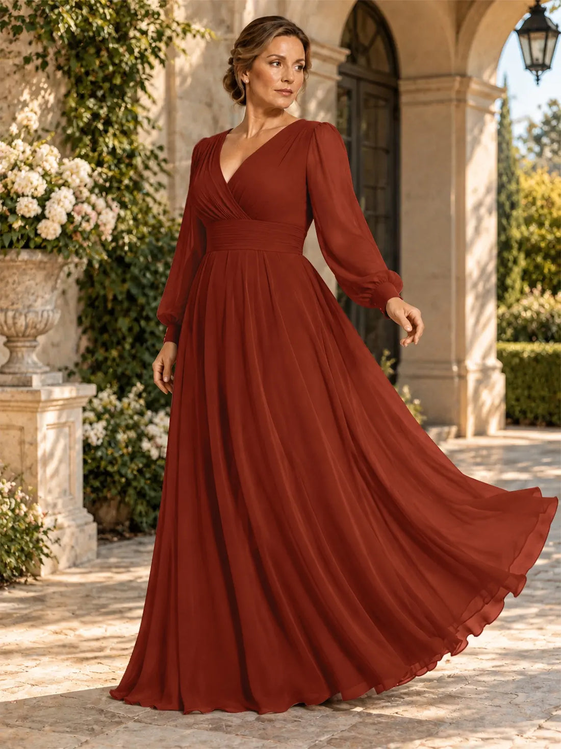 Chiffon Mother of the Bride Dress with Long Sleeves-Plus Size 