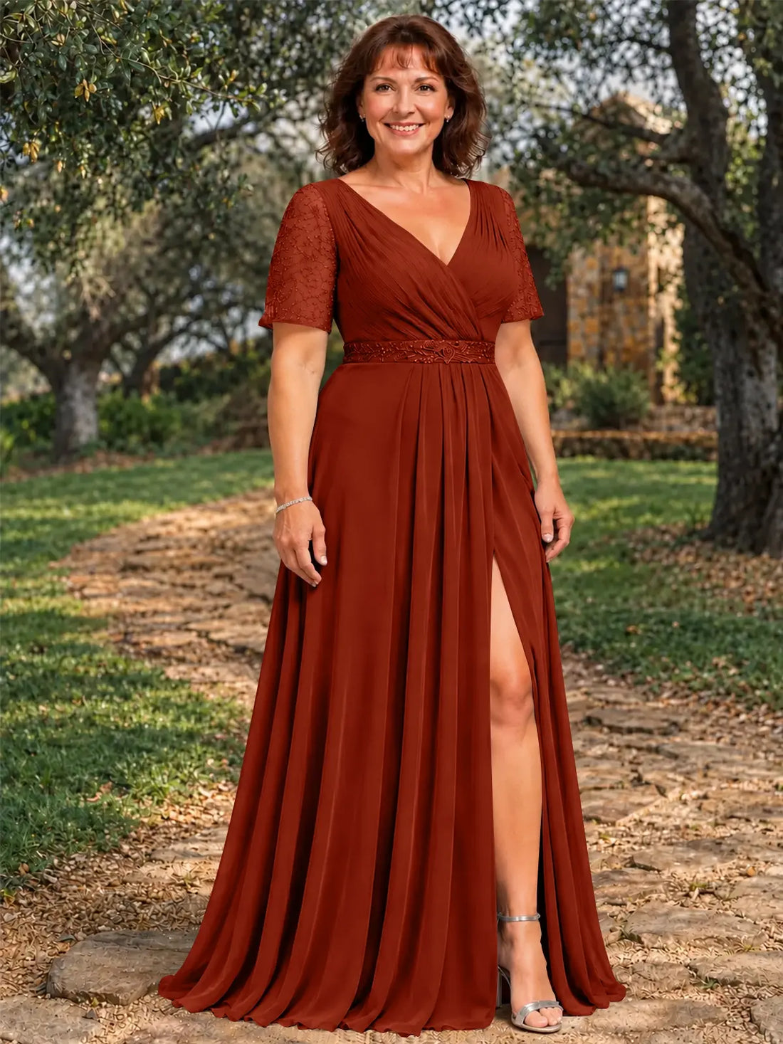 Surplice Neckline Mother of the Bride Dress with Slit-Plus Size 