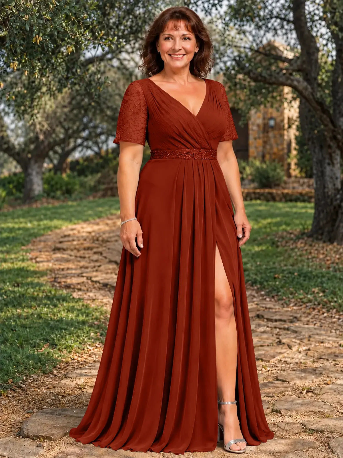 Surplice Neckline Mother of the Bride Dress with Slit-Plus Size 