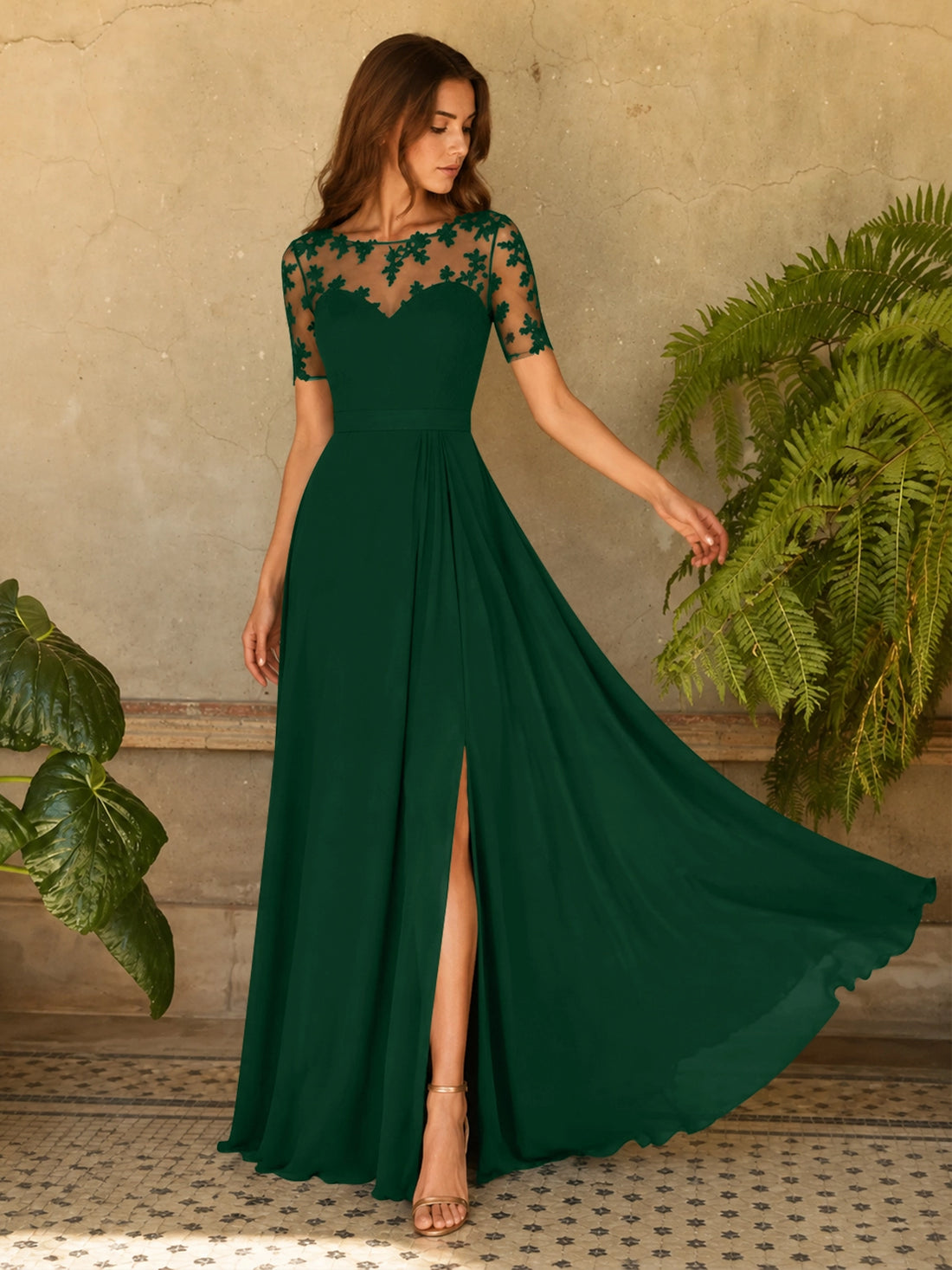 Lace Mother of the Bride Dress with Illusion Neckline