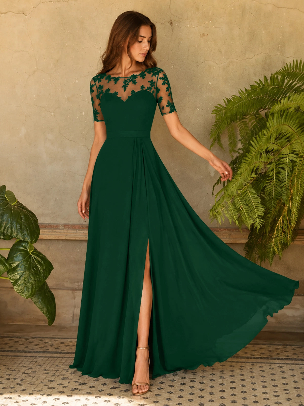 Lace Mother of the Bride Dress with Illusion Neckline