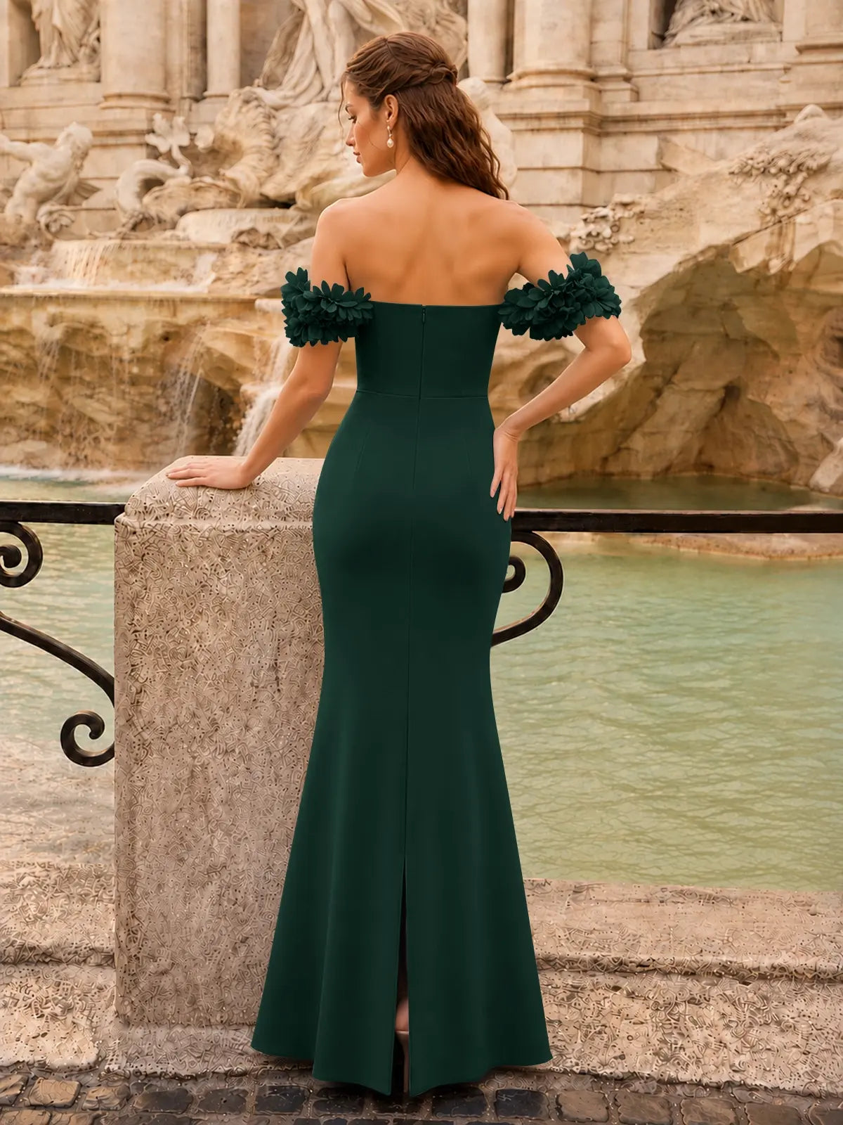 Off-the-Shoulder Prom Dress with 3D Floral Straps